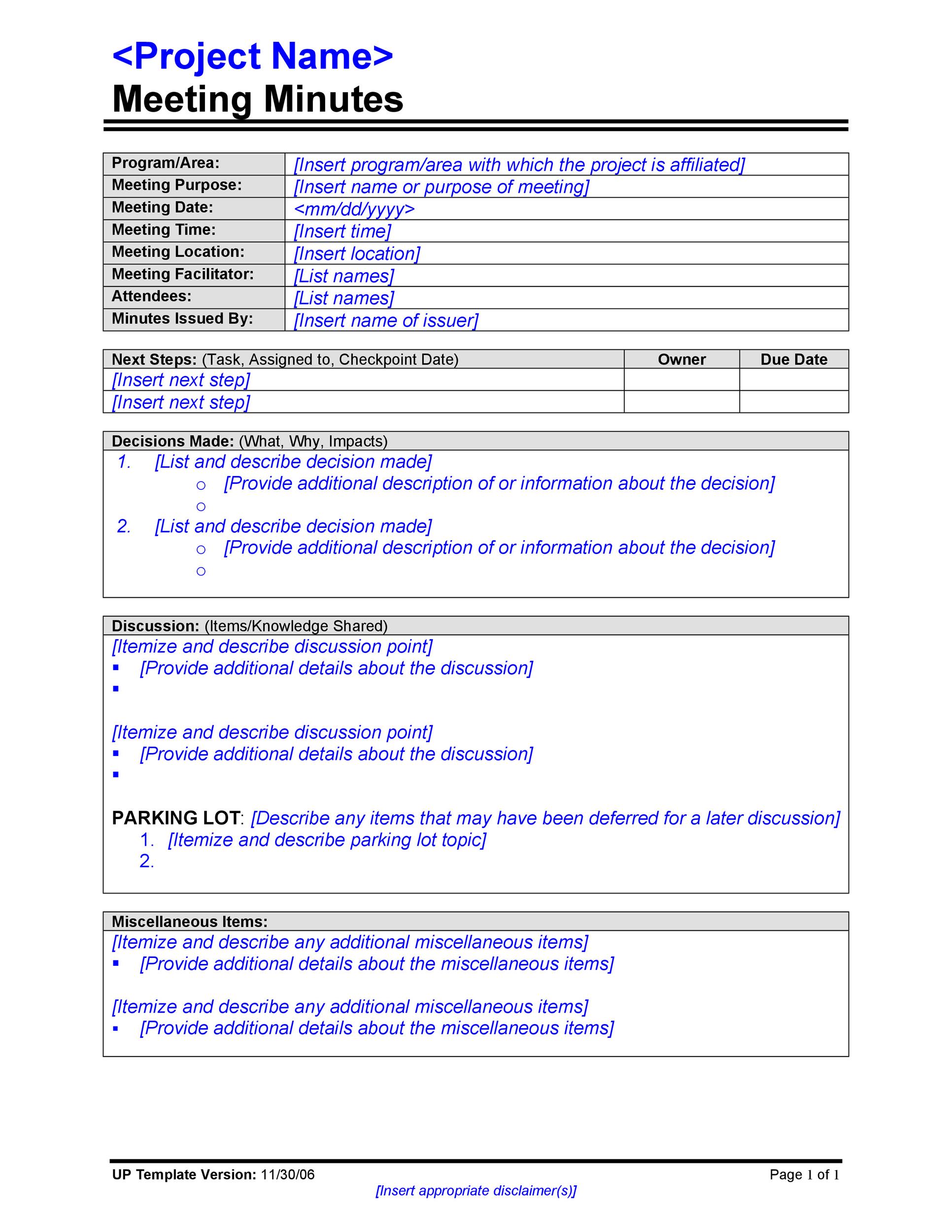 sample meeting minutes template document sample