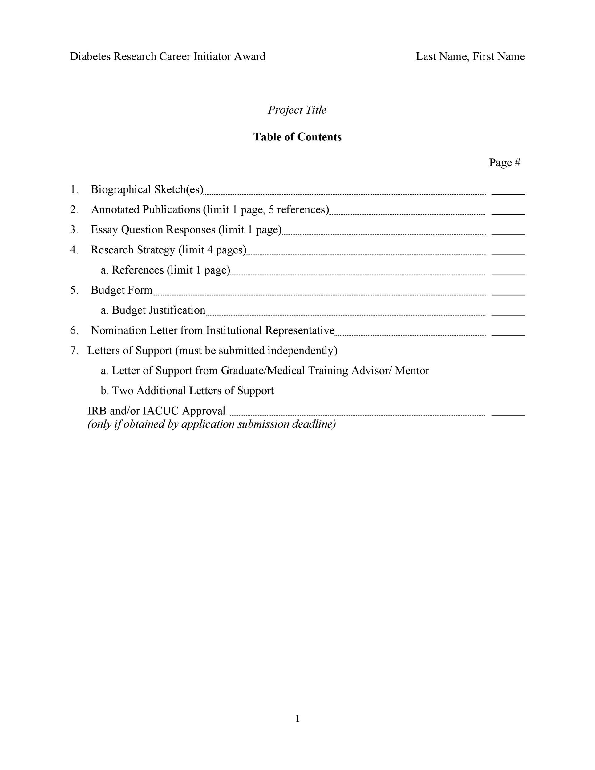 example of table of contents for business report