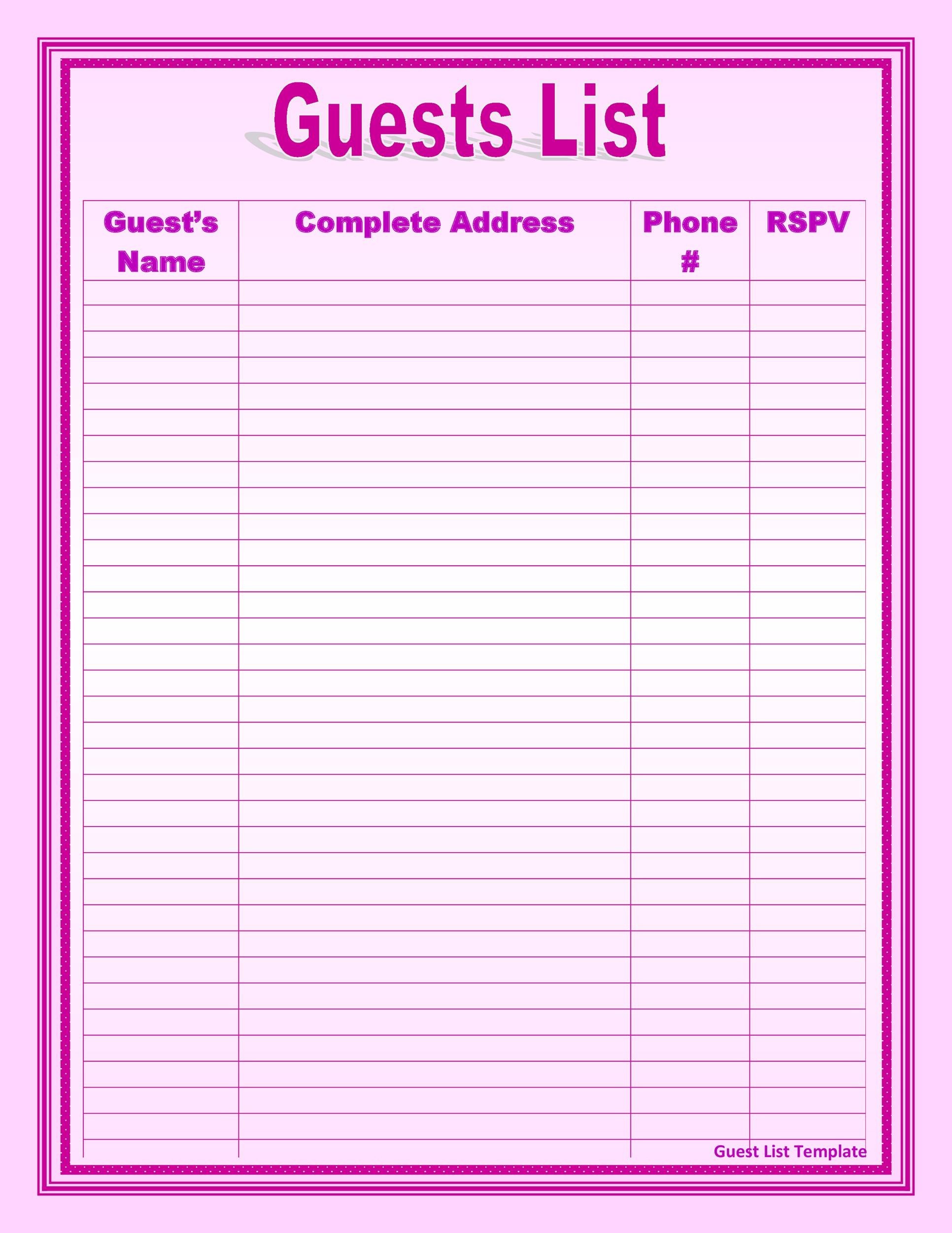 Printable Guest List Template For Wedding