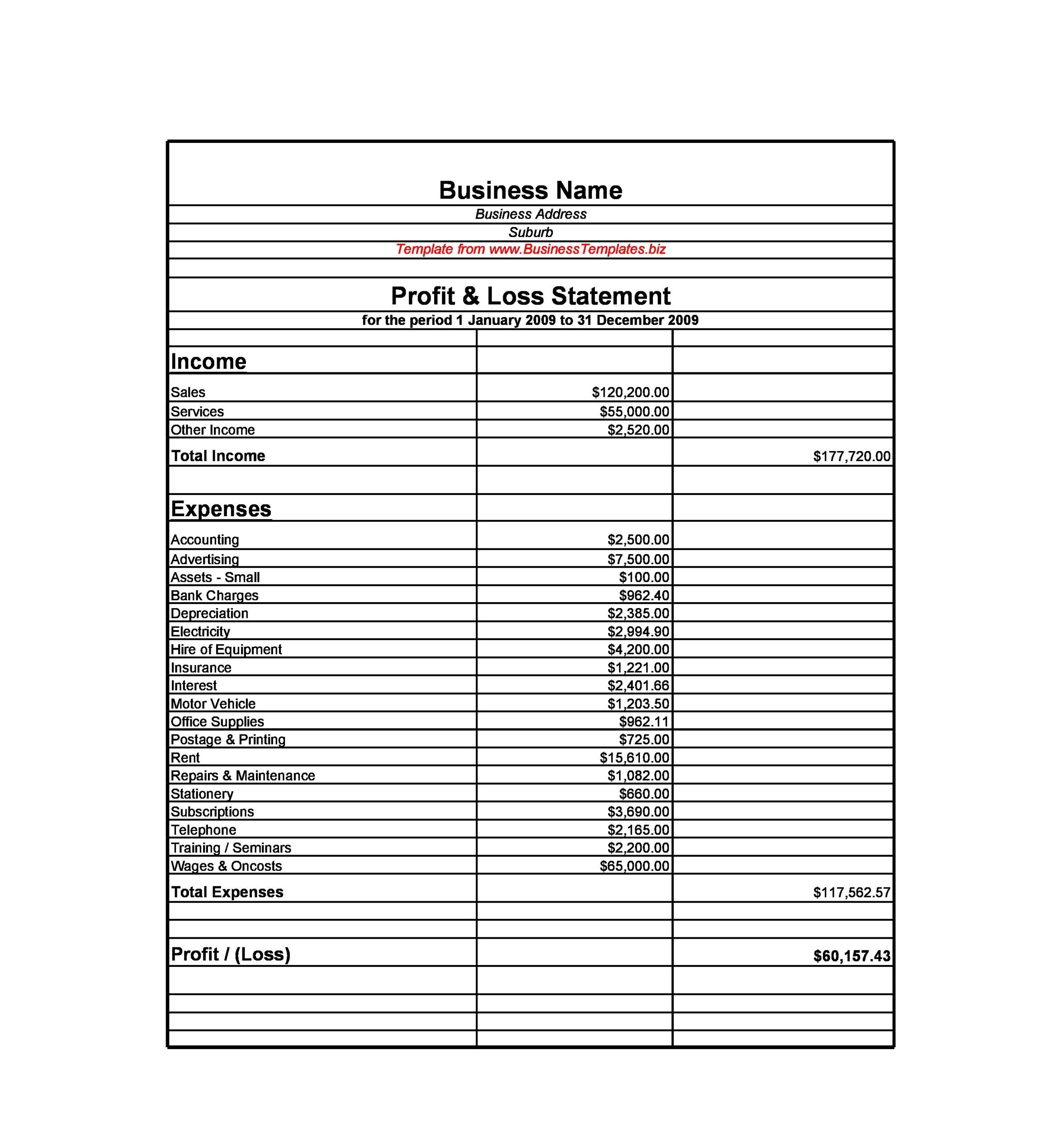 monthly profit and loss statement template free download