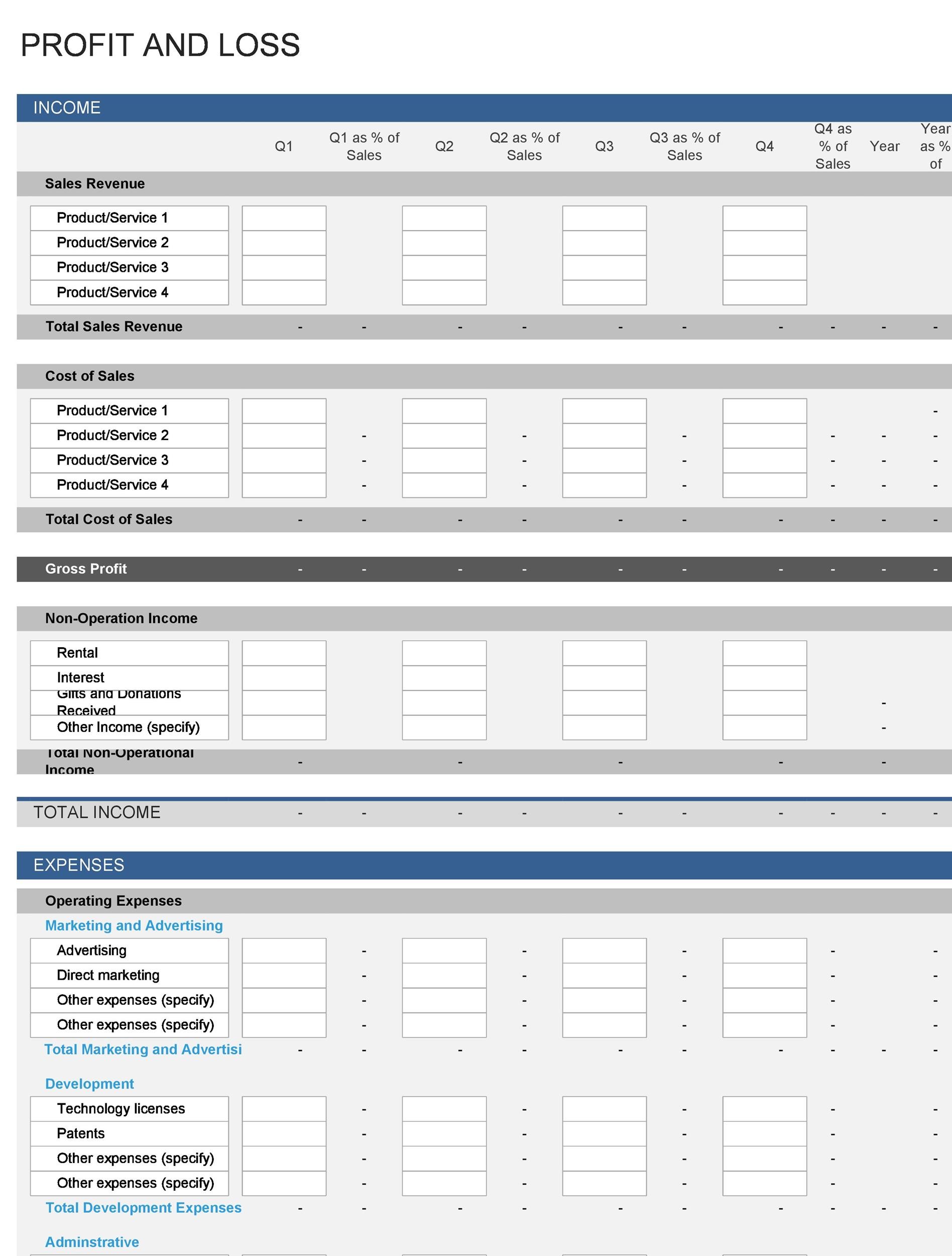 Printable Profit And Loss Statement Template Printable Templates