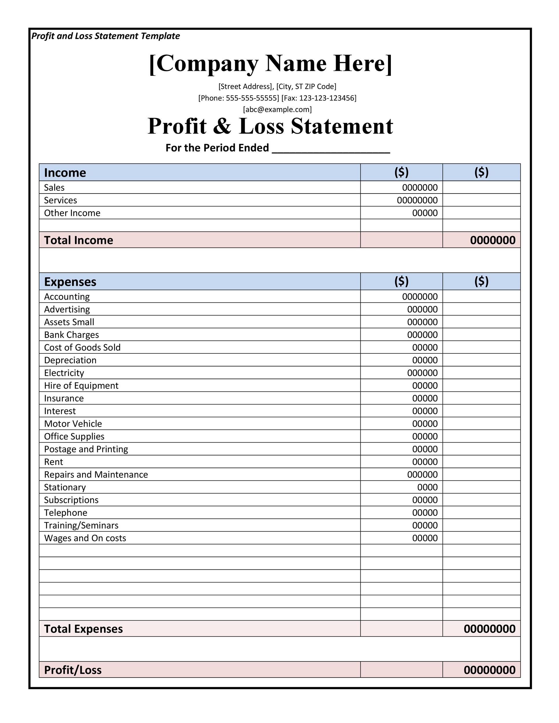 Printable Profit Loss Statement Template Printable Templates
