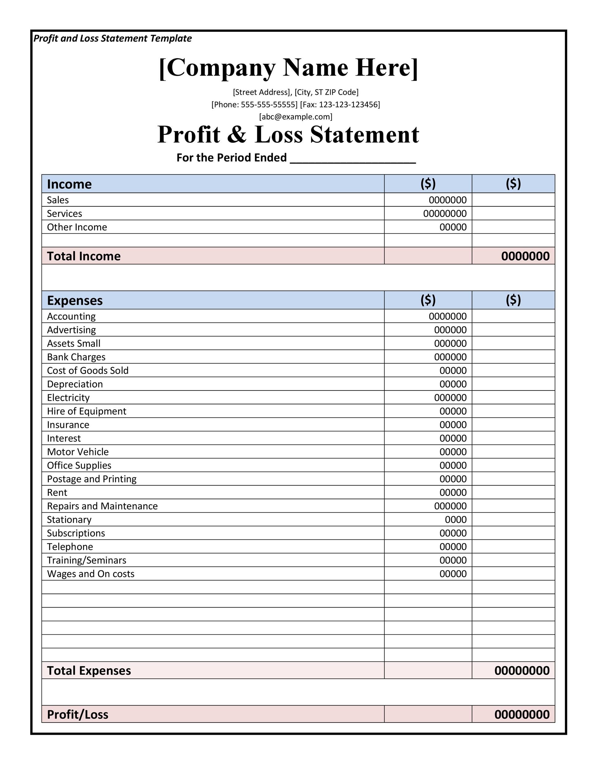 Profit and Loss Statement Template