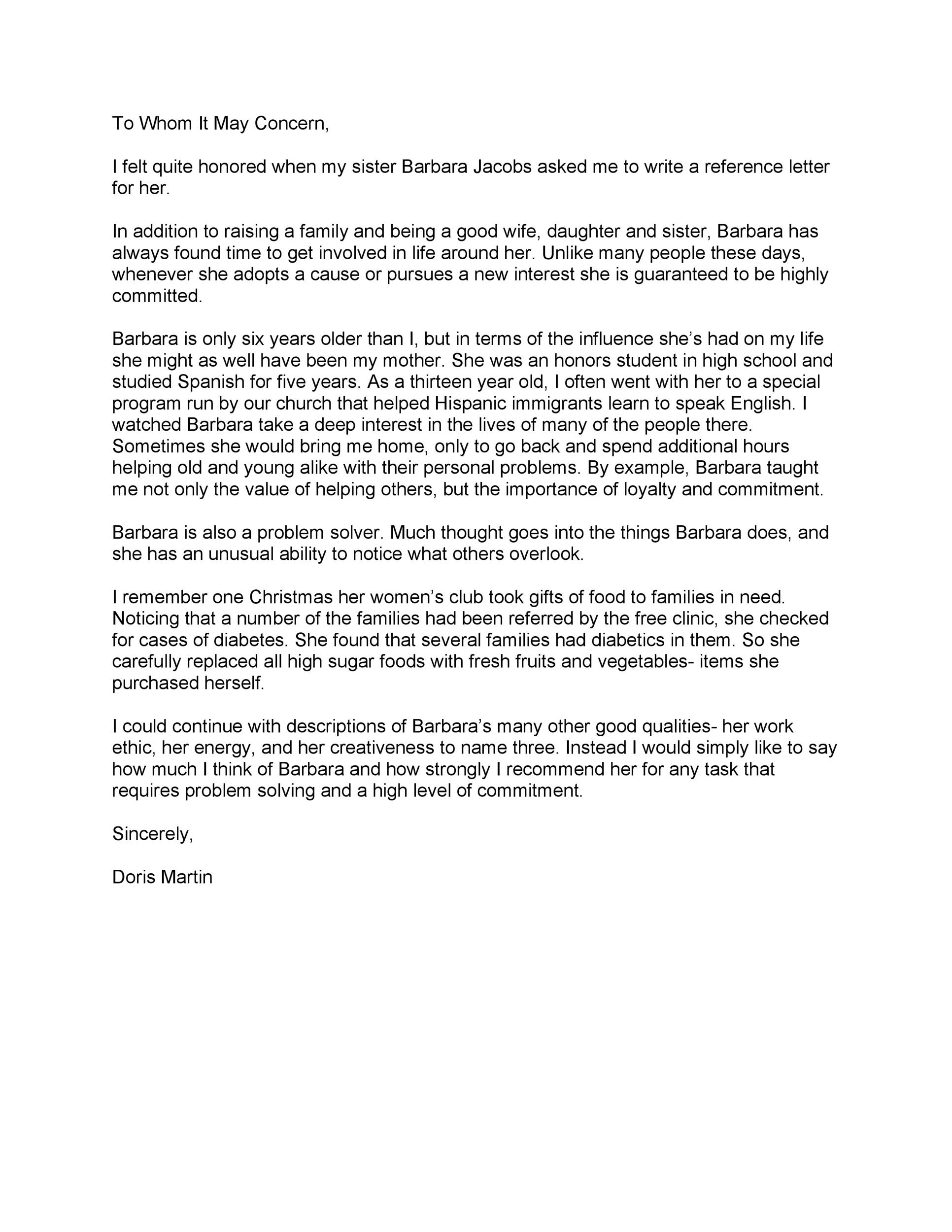 Family Reference Letter Example For School