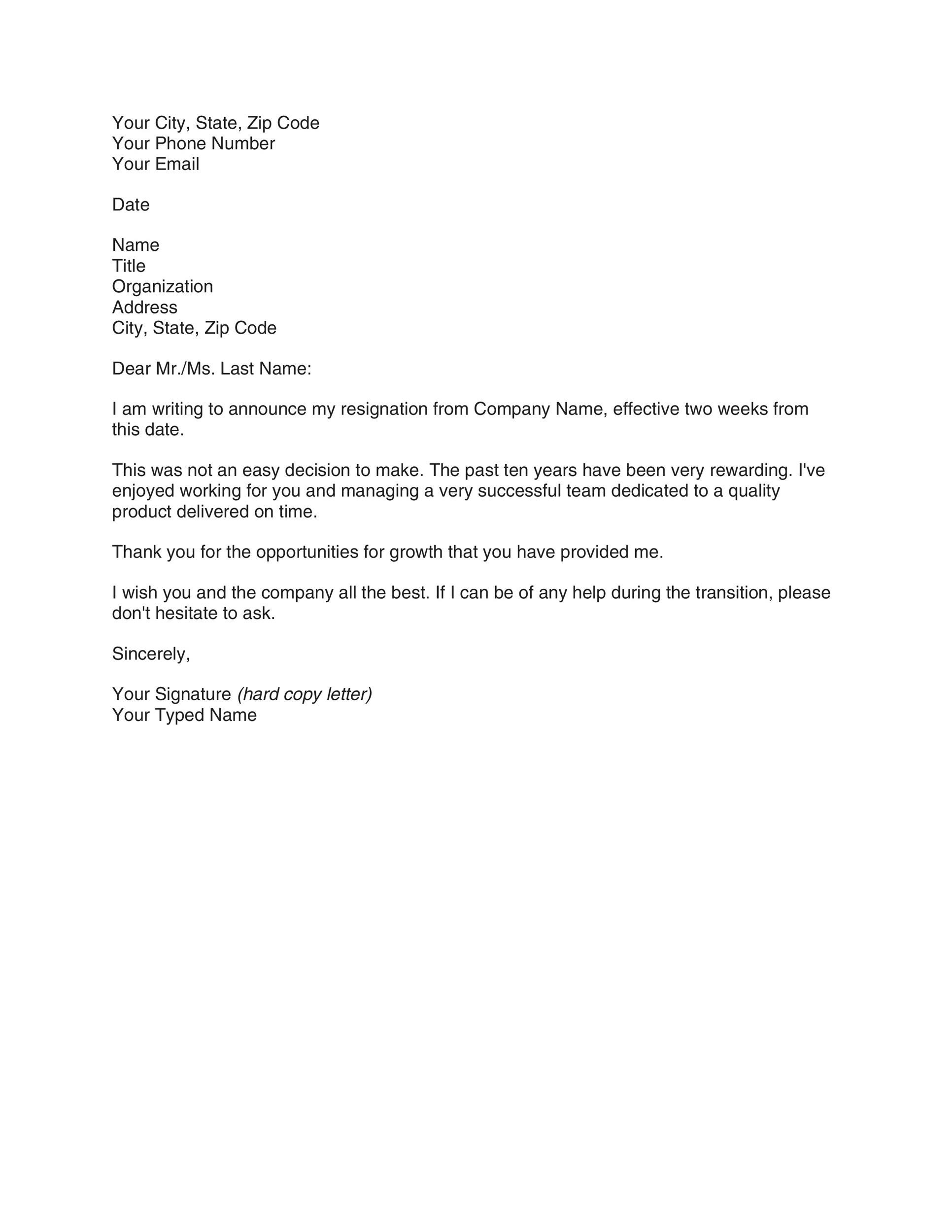 senior executive resignation letter sample