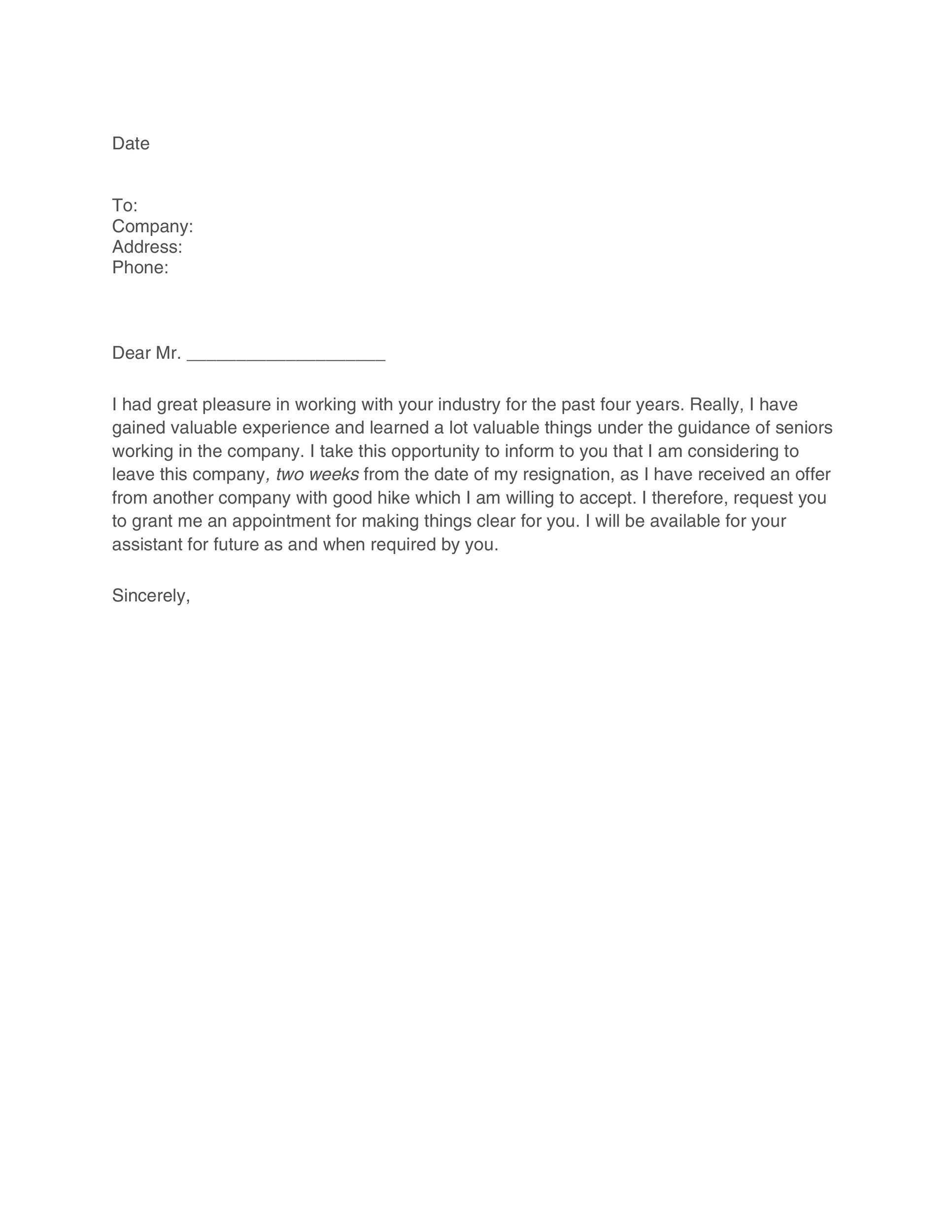 Simple Resignation Letter Sample 2 Weeks Notice