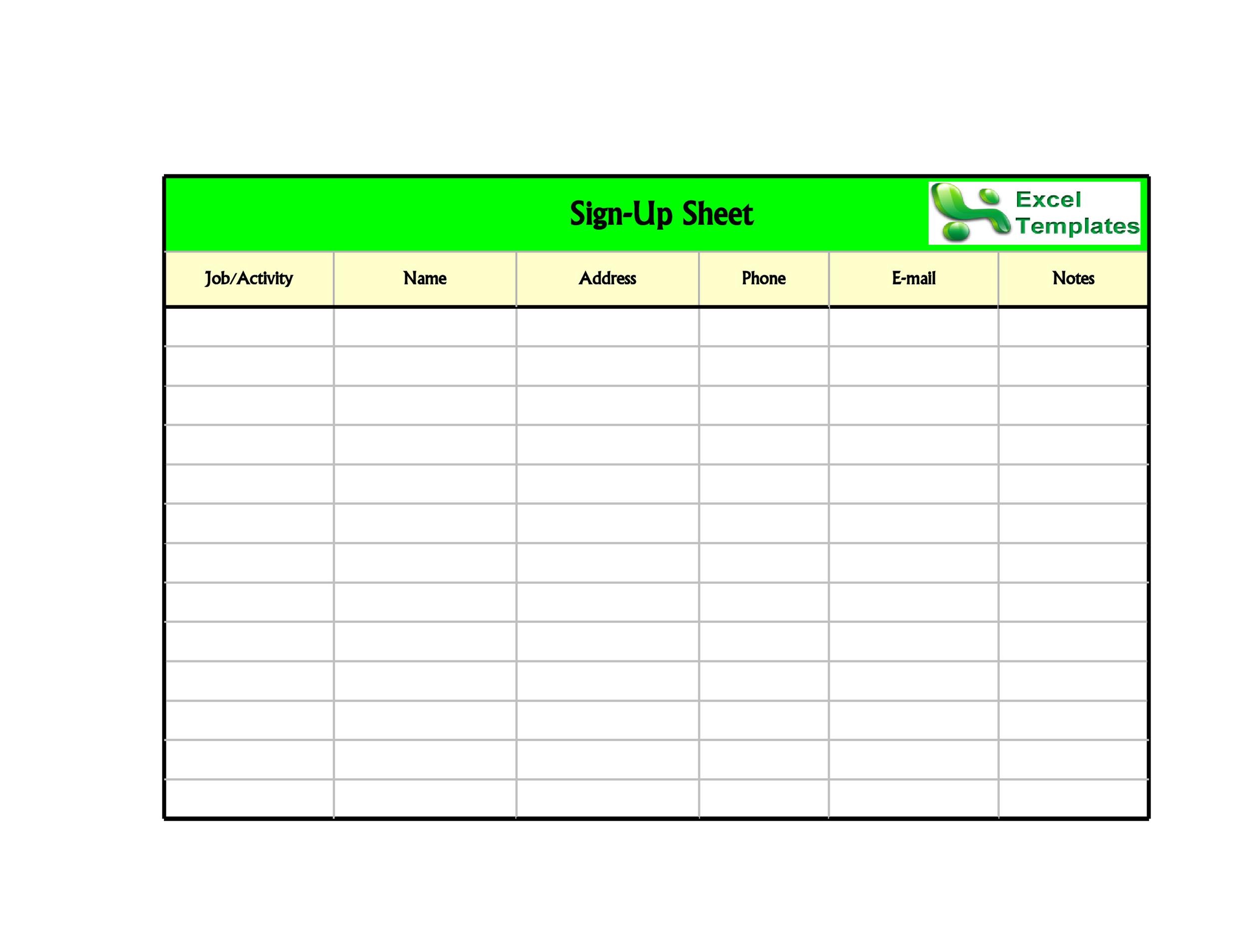 Sign Up Sheet Template Excel