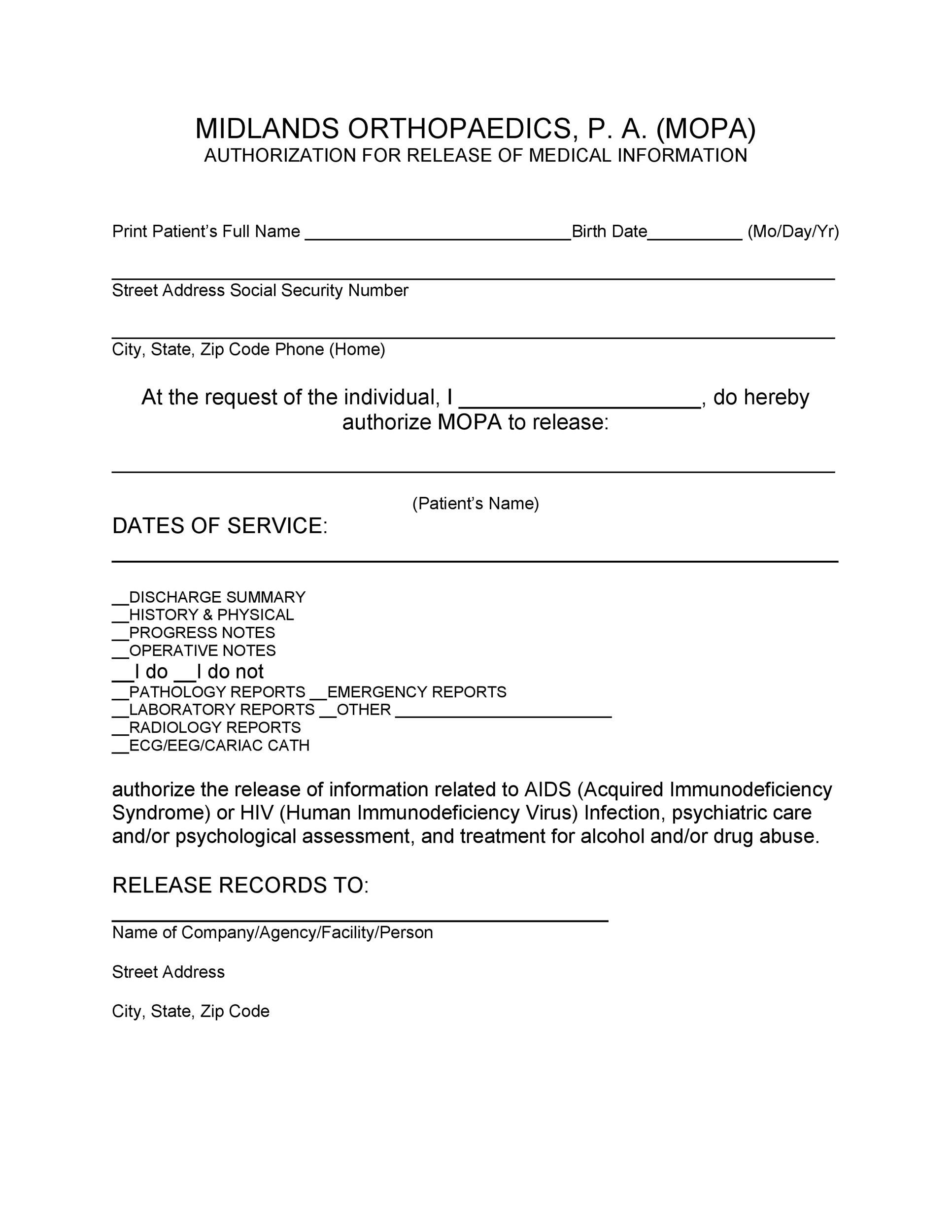 Free Printable Medical Release Form Template