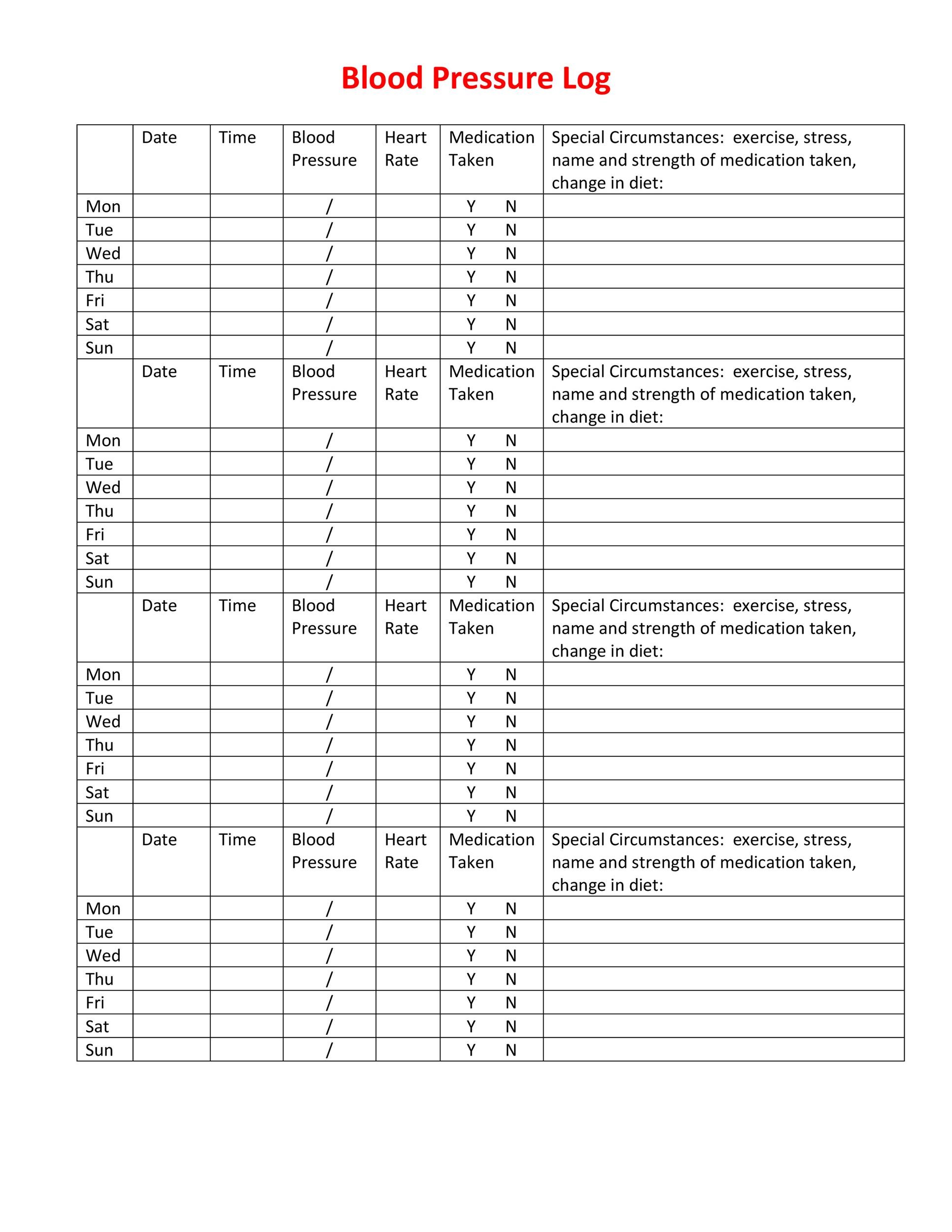 Blood Pressure Chart Form