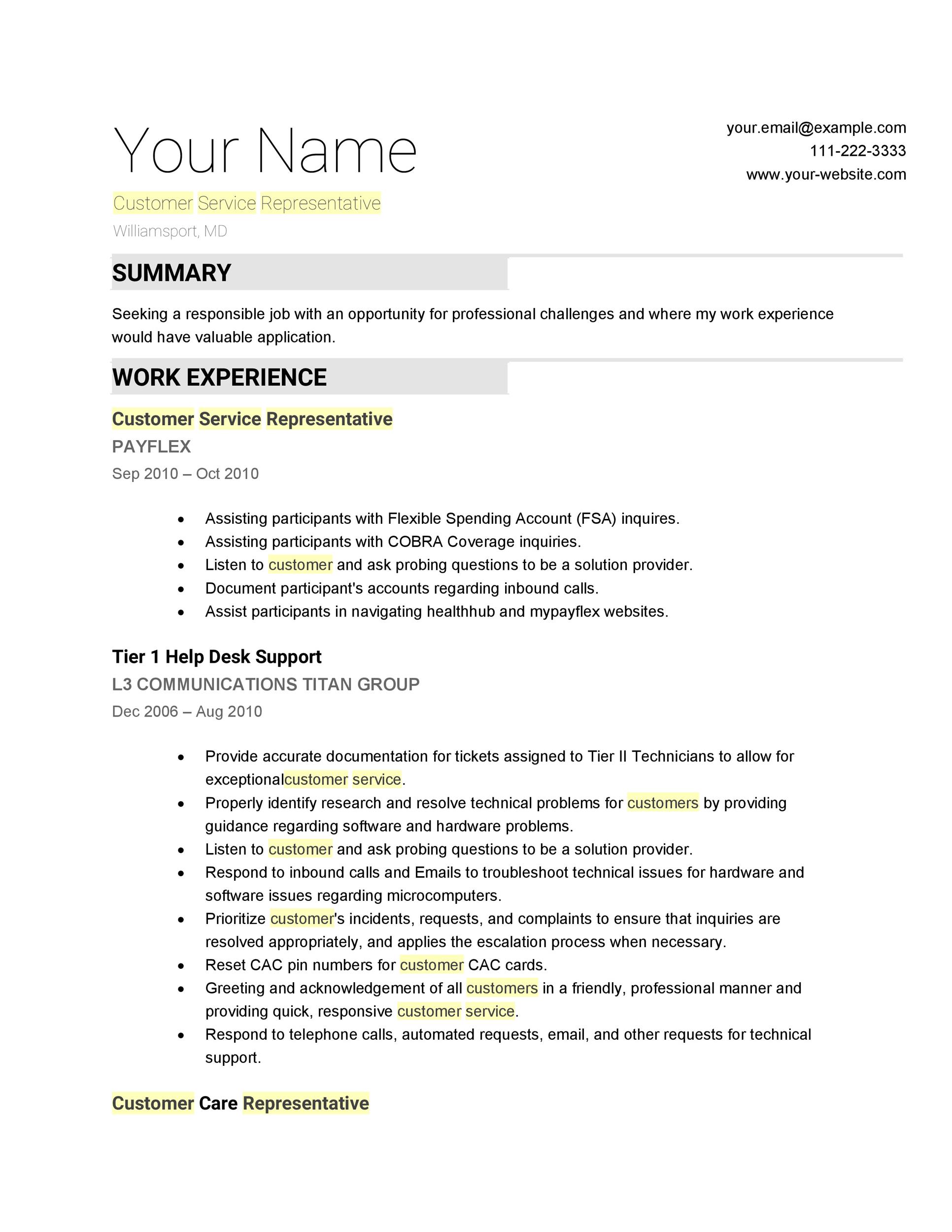 Resume Examples And Samples Customer Service  Customer Service