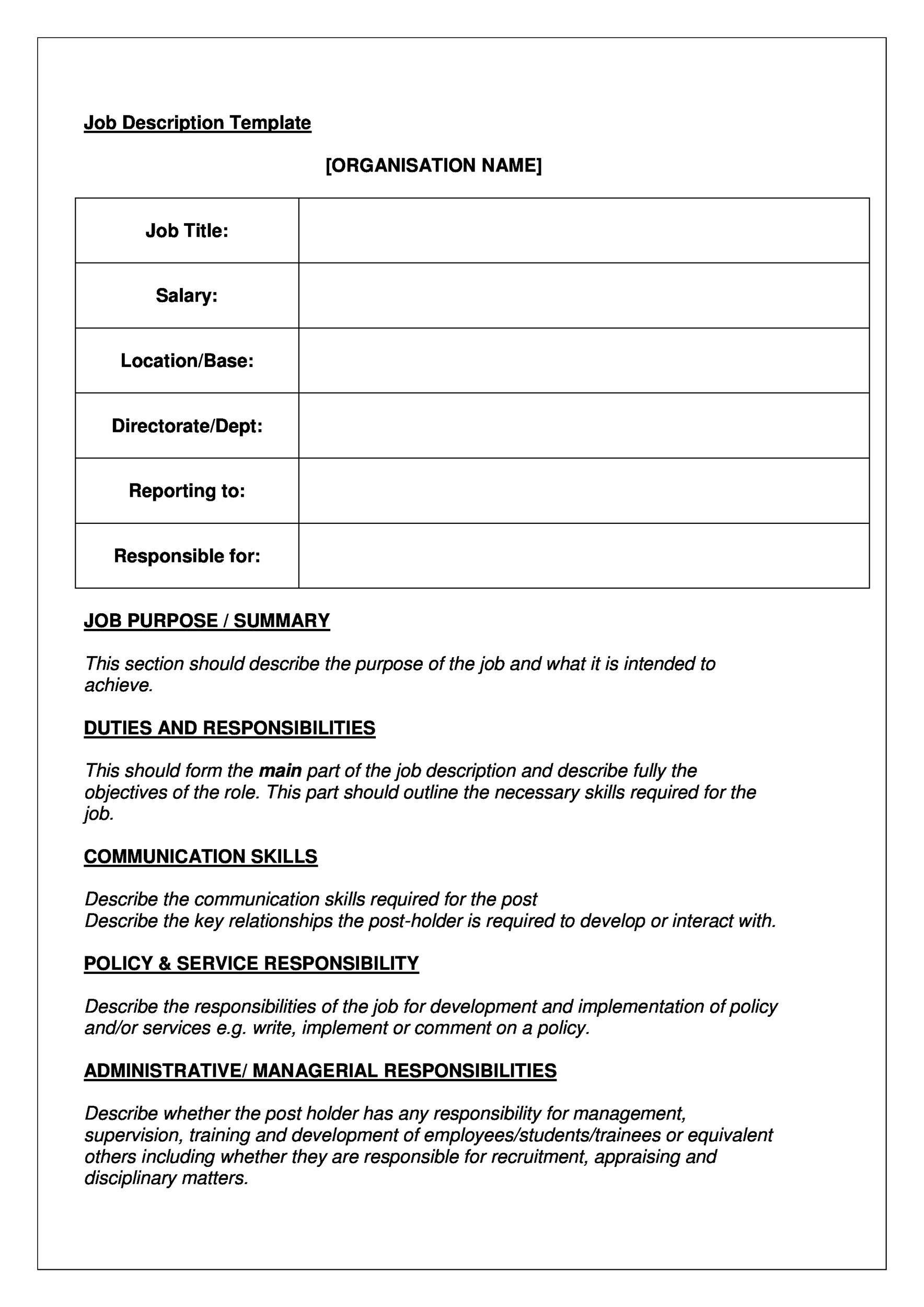 Free Printable Job Description Template