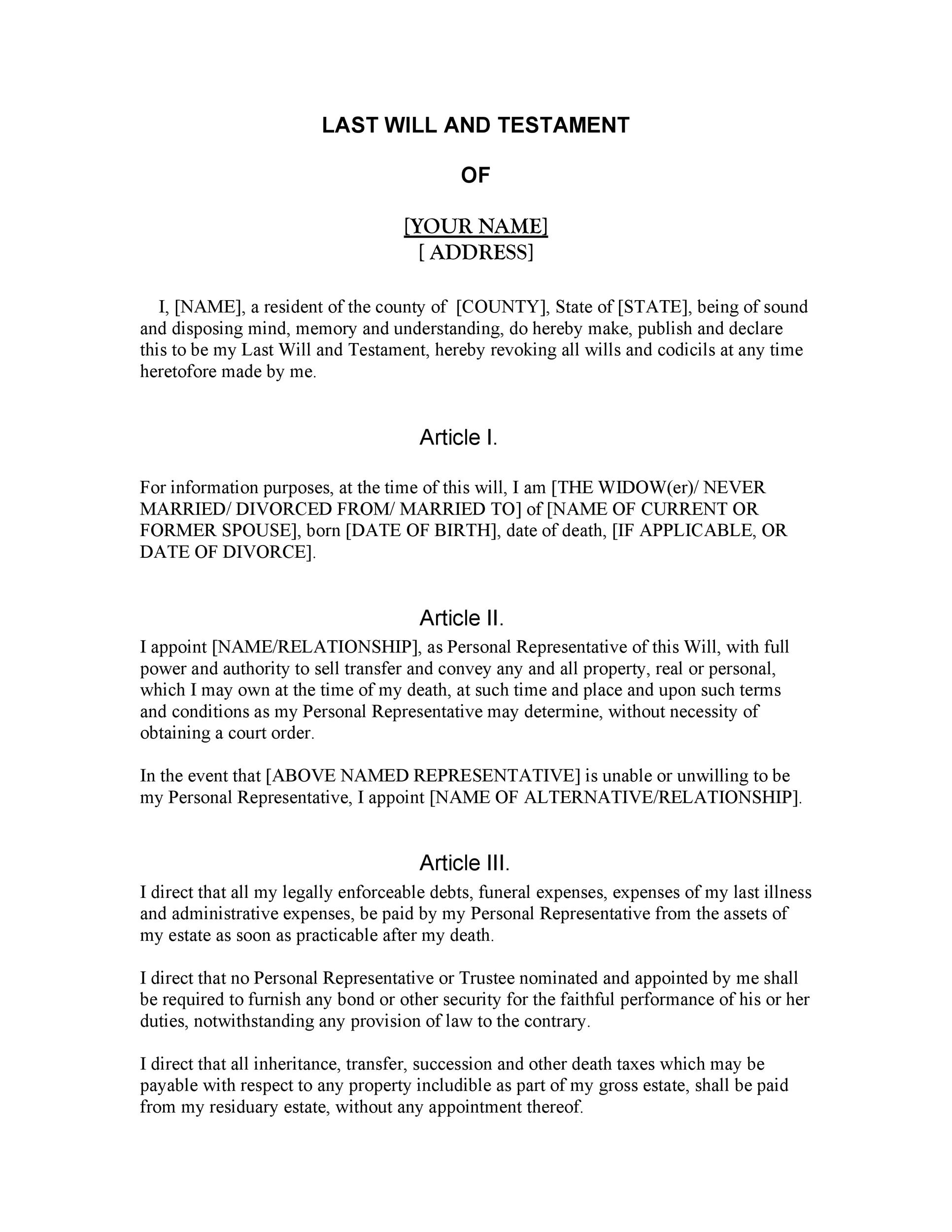 Free Last Will And Testament Templates A Will Pdf