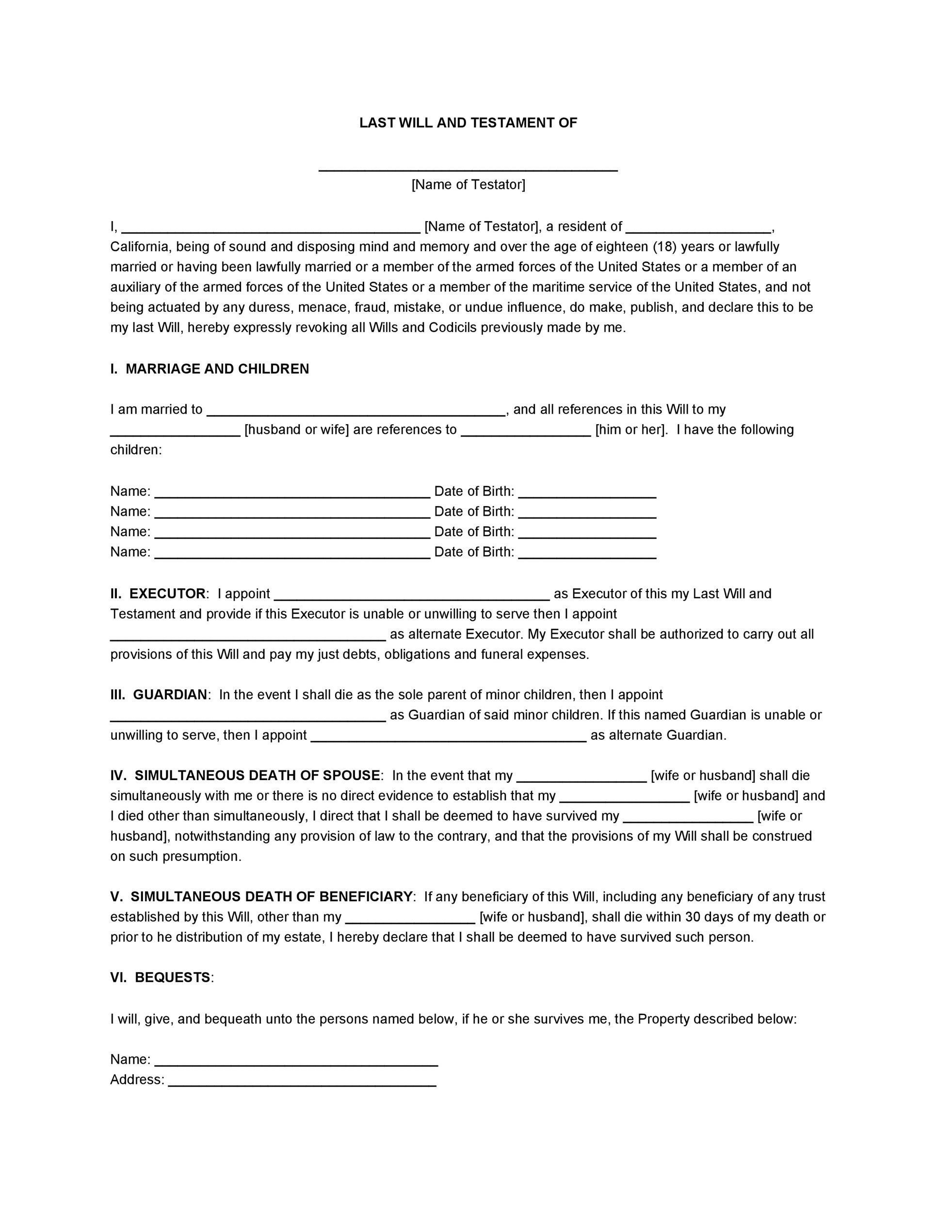 Free Printable Last Will And Testament Blank Forms / Printable Blank
