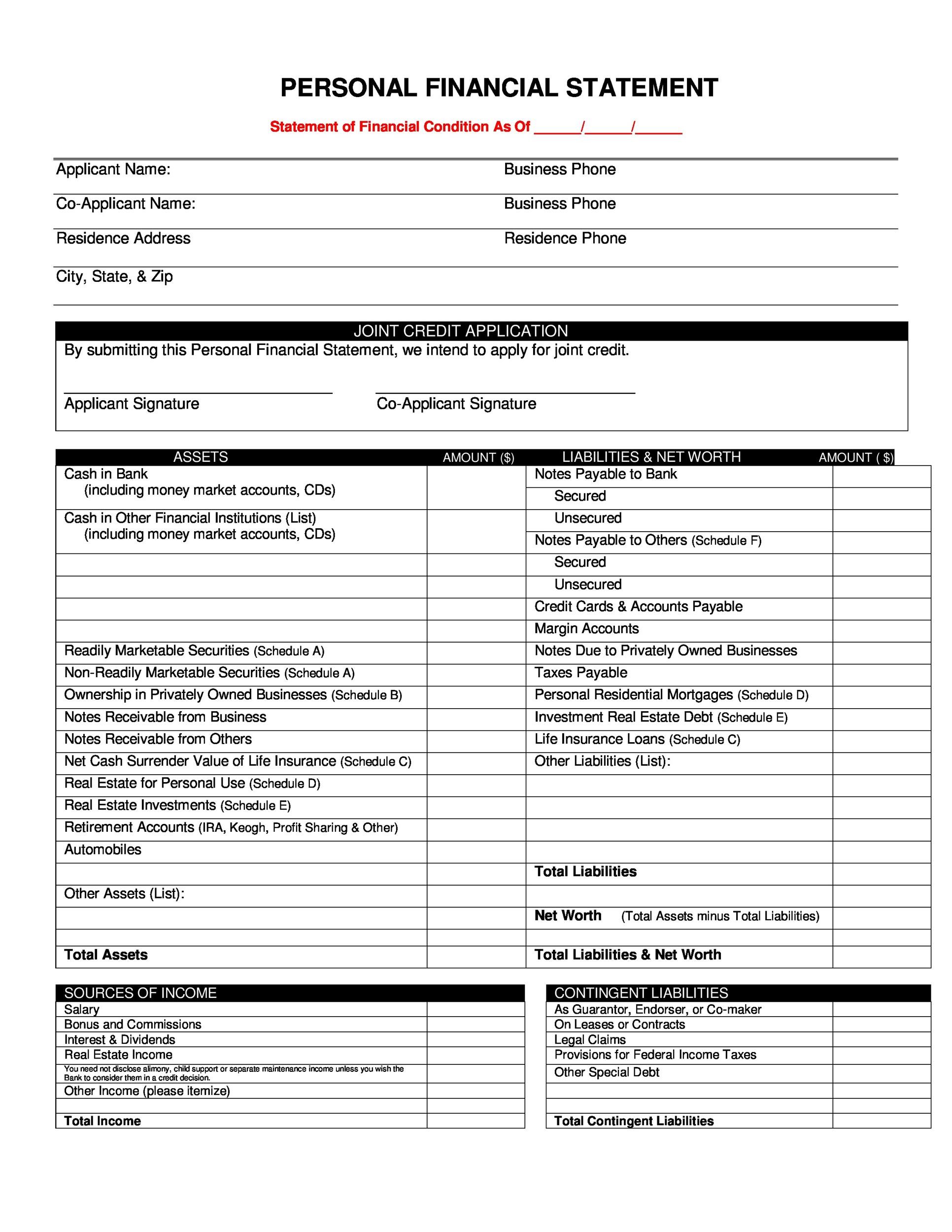 Printable Financial Statement Form Printable Forms Free Online