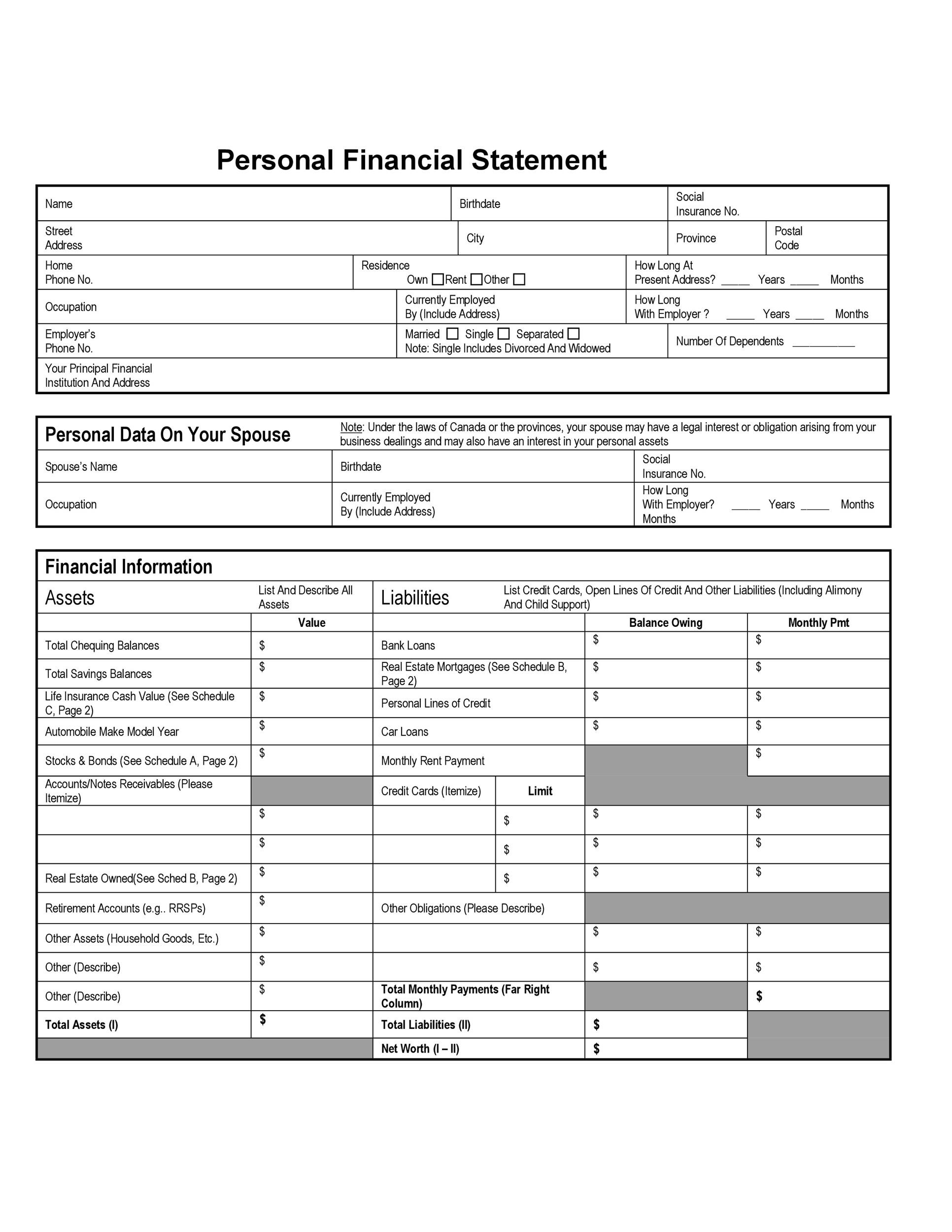 Printable Personal Financial Statement Template