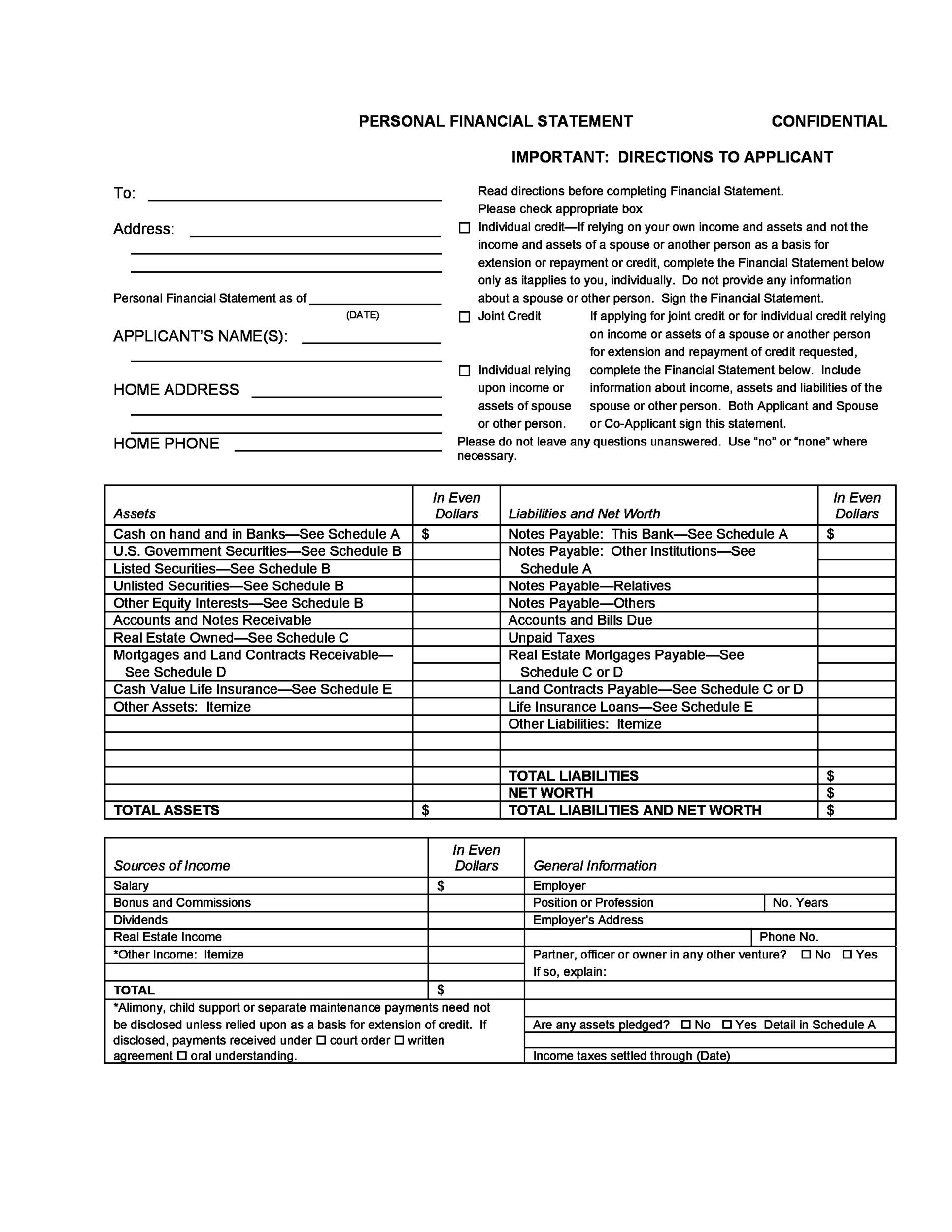 Personal financial statements templates
