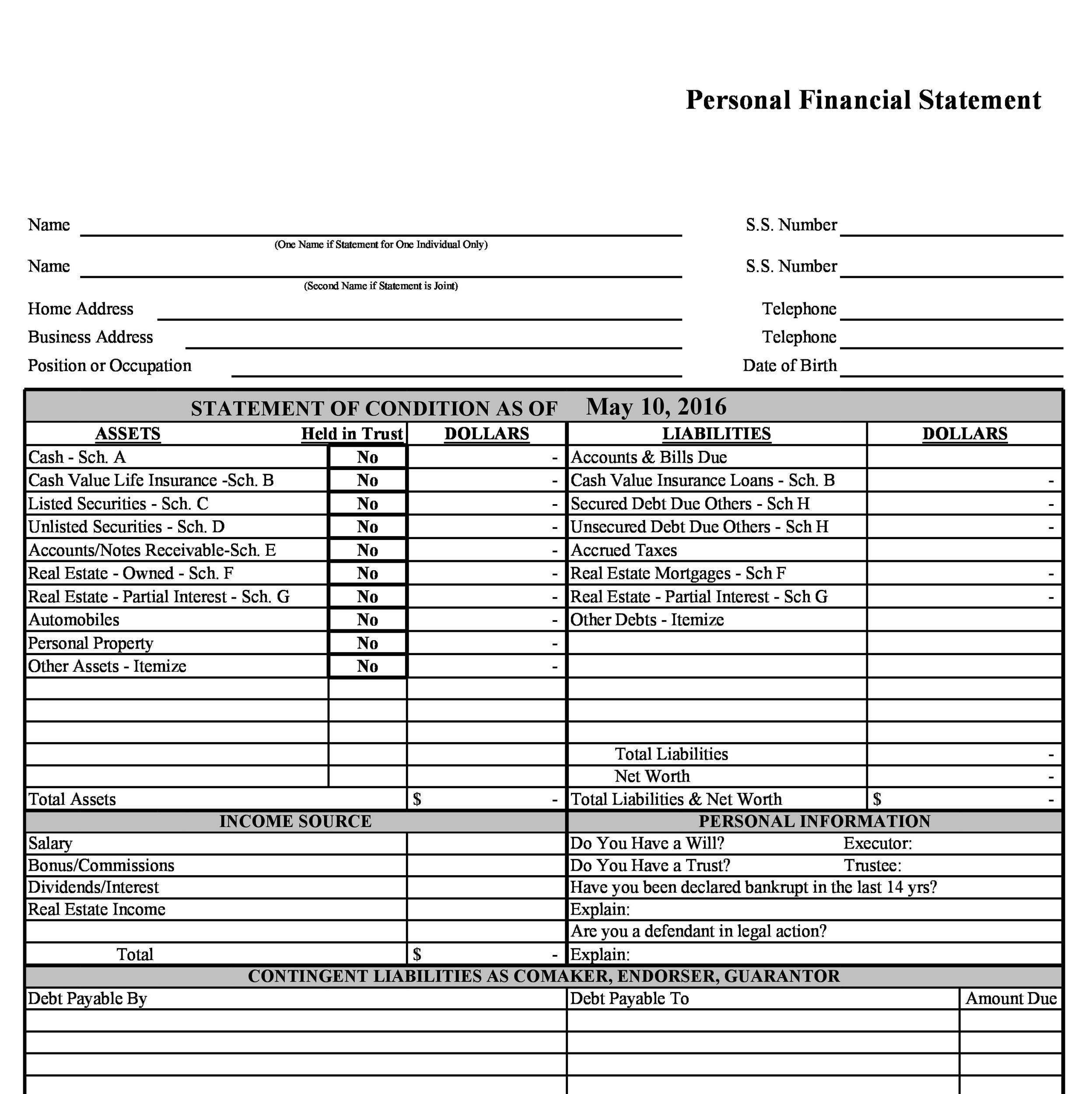 Personal Financial Statement Free Template