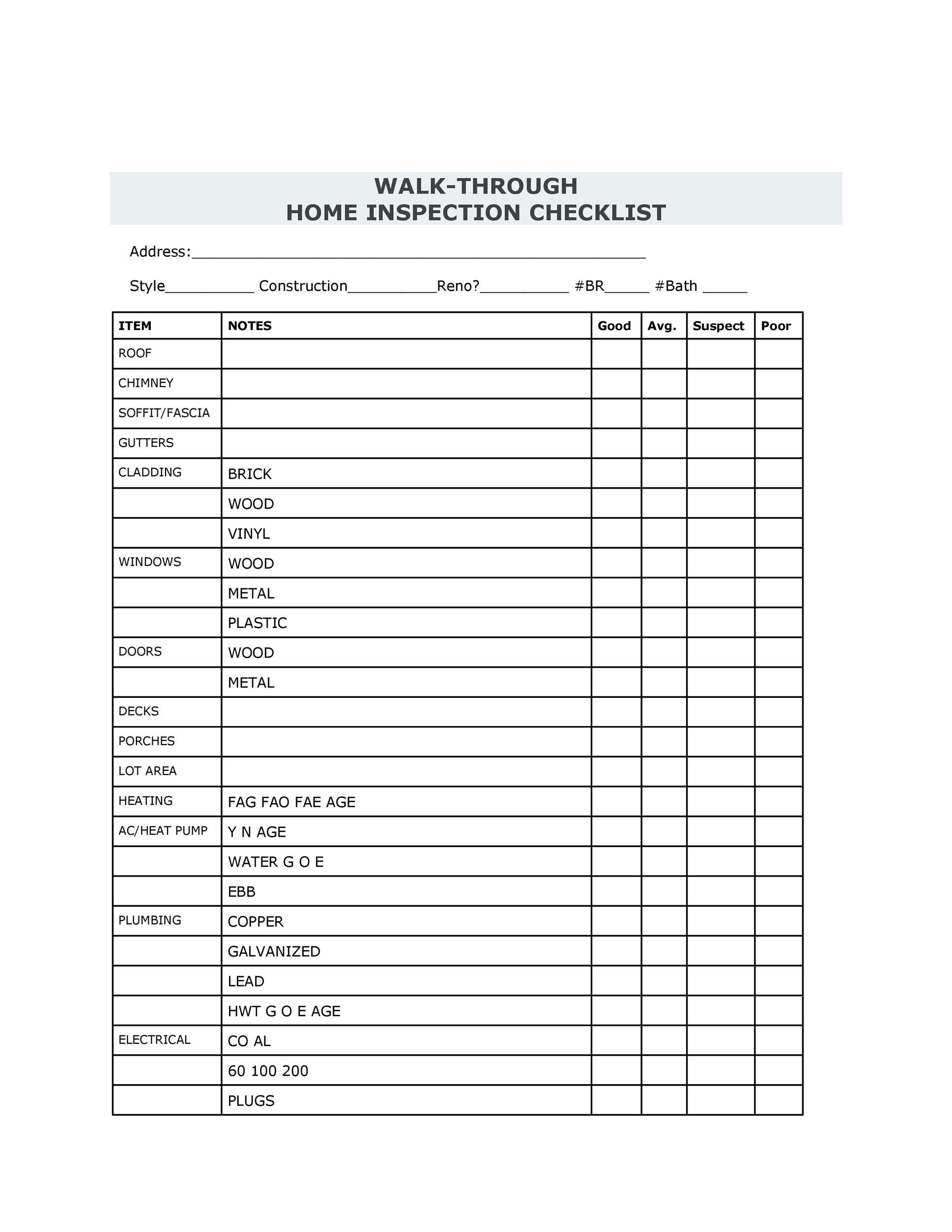 Excel Printable Home Inspection Checklist