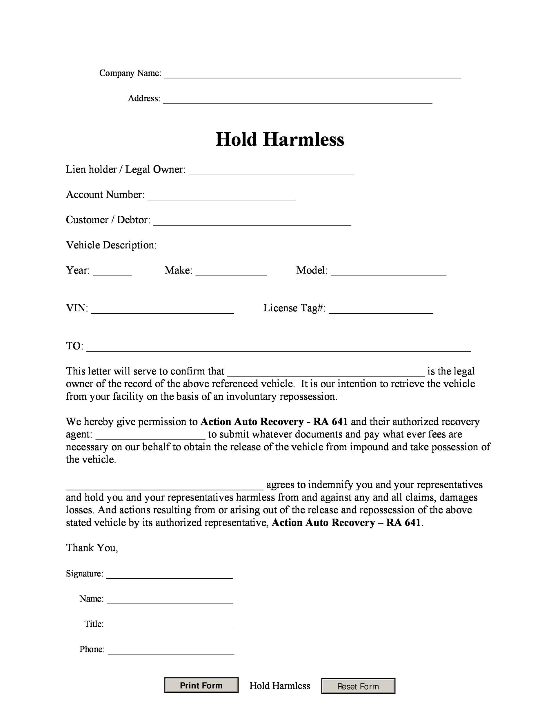 Free Hold Harmless Agreement Template Word