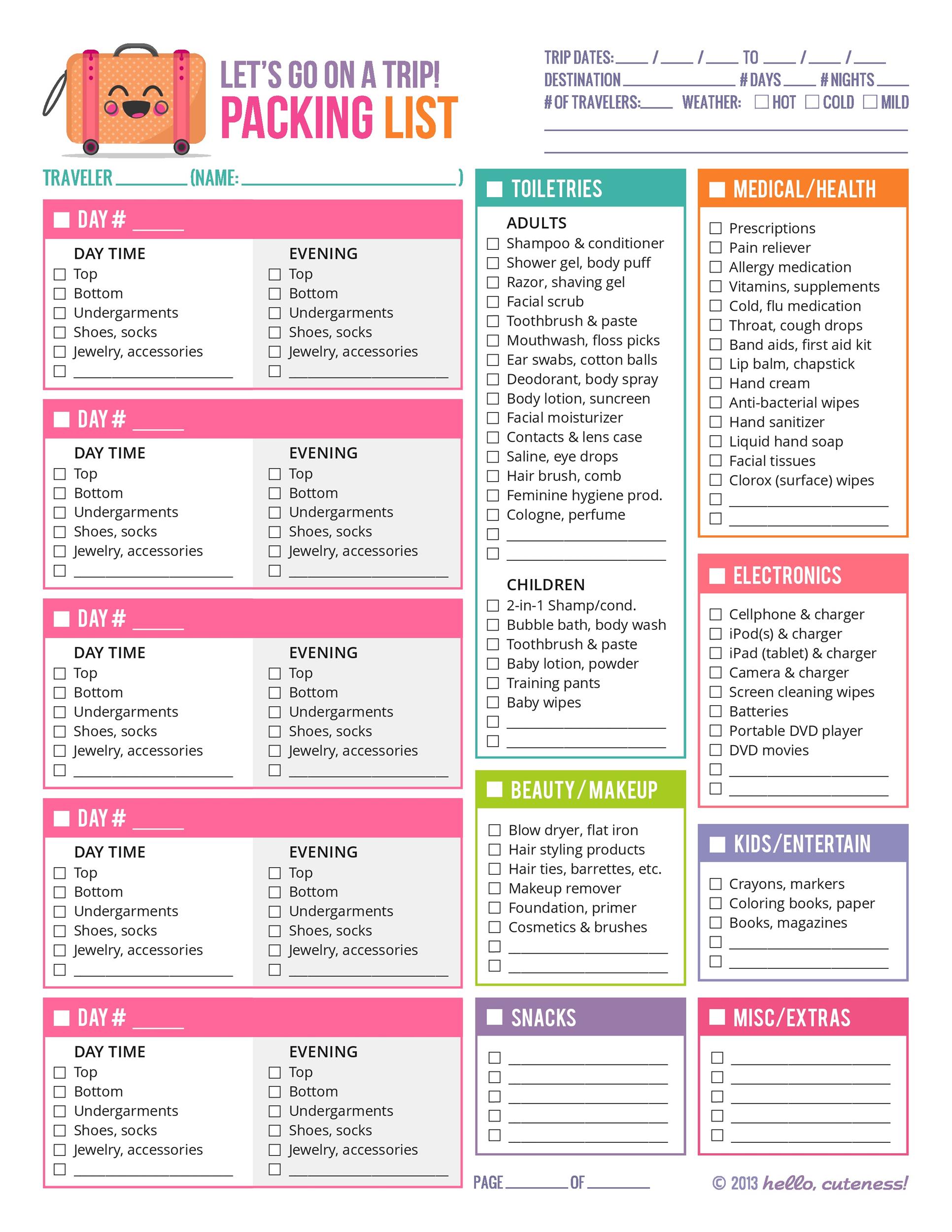 Free Printable Travel Packing List Template