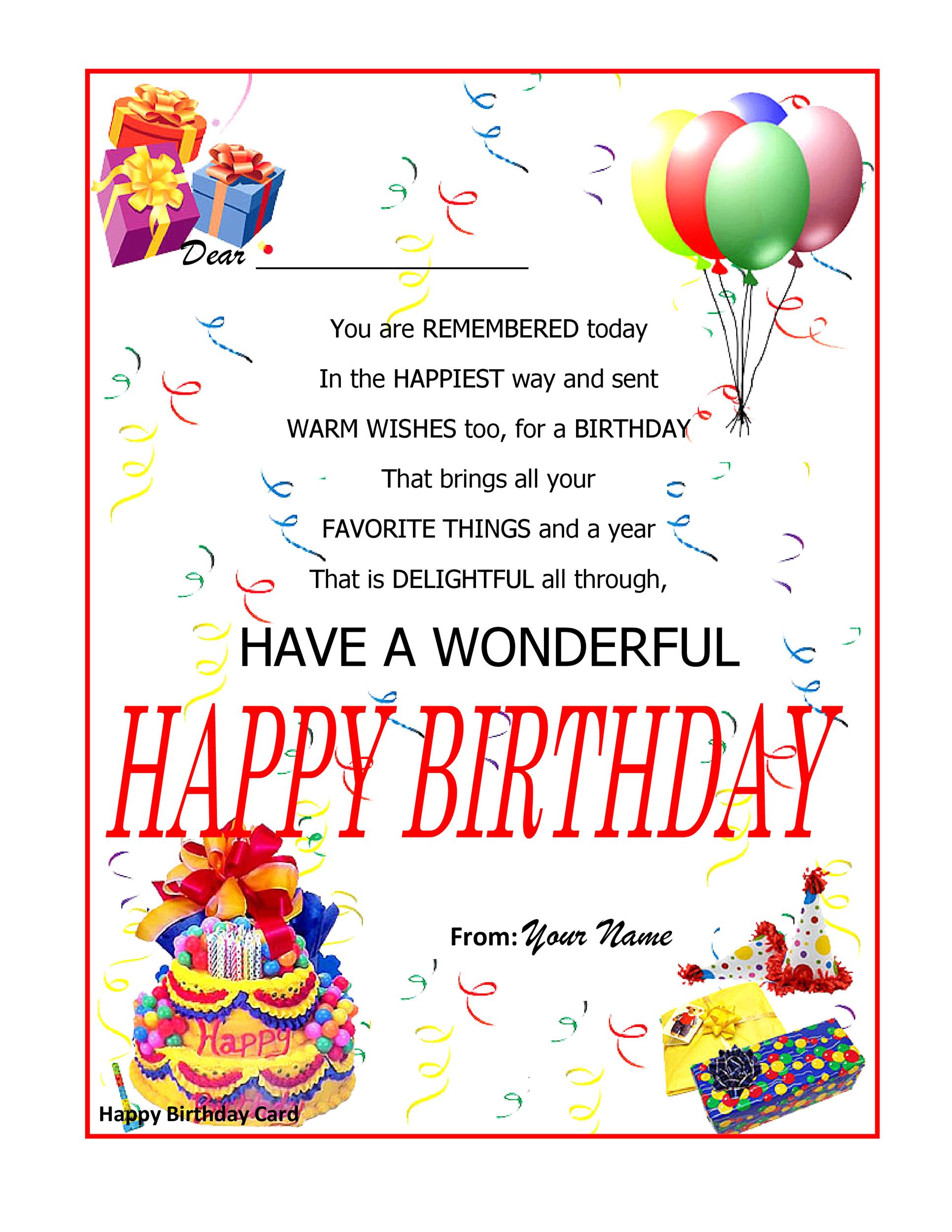 Printable Birthday Card Template Word Template