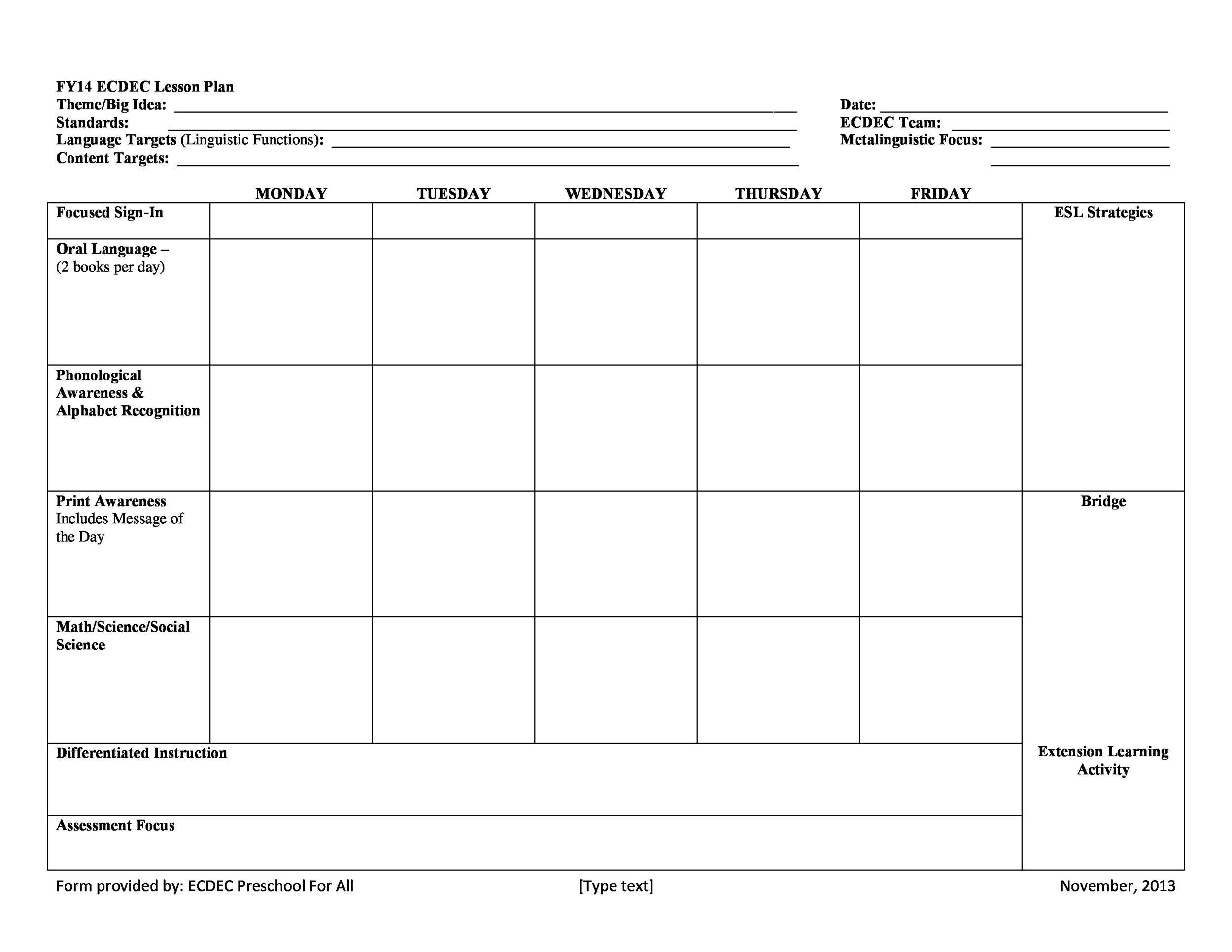 Weekly Lesson Plan For Preschool Template