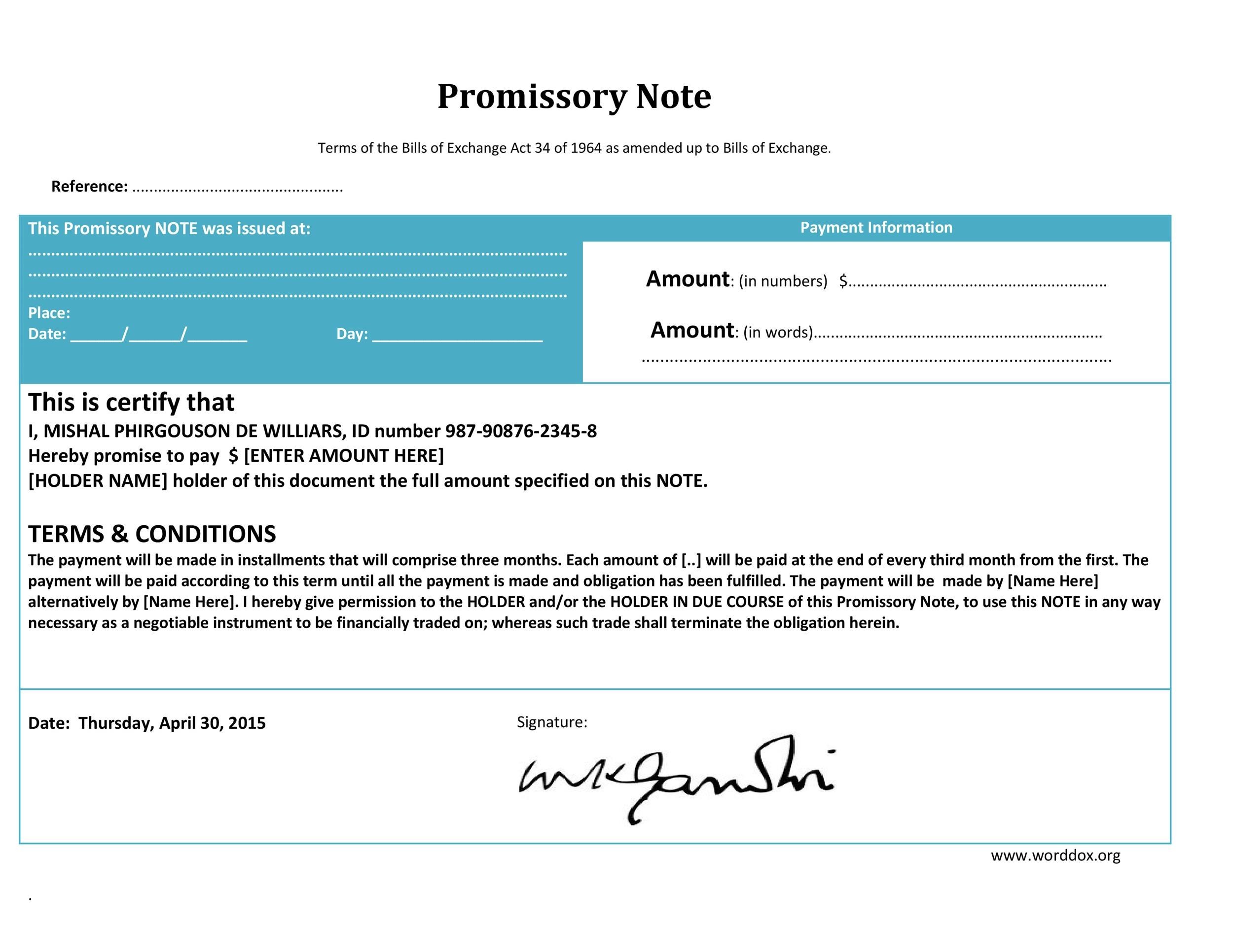 Blank Promissory Note Example