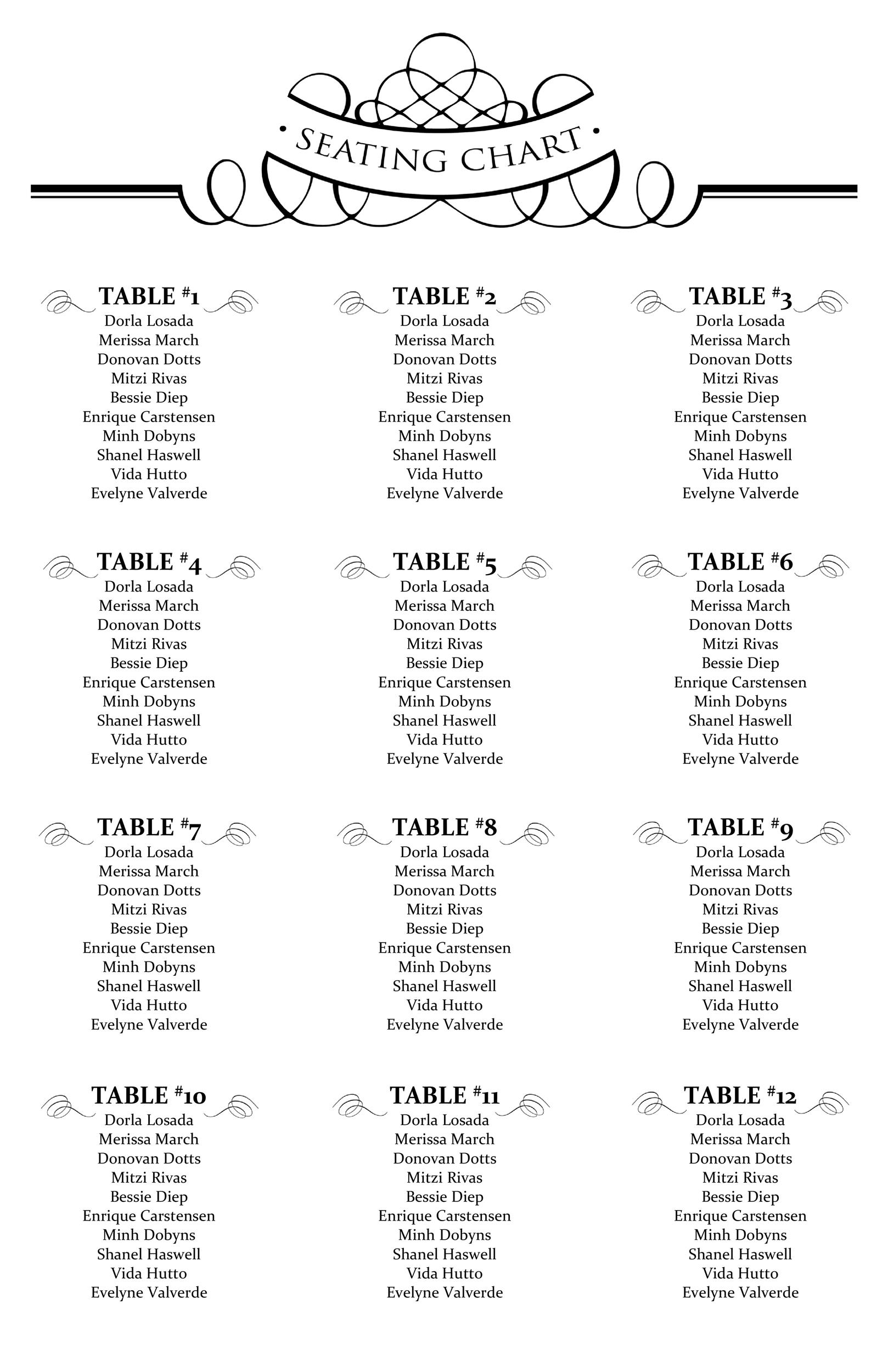 Free Wedding Table Chart Template