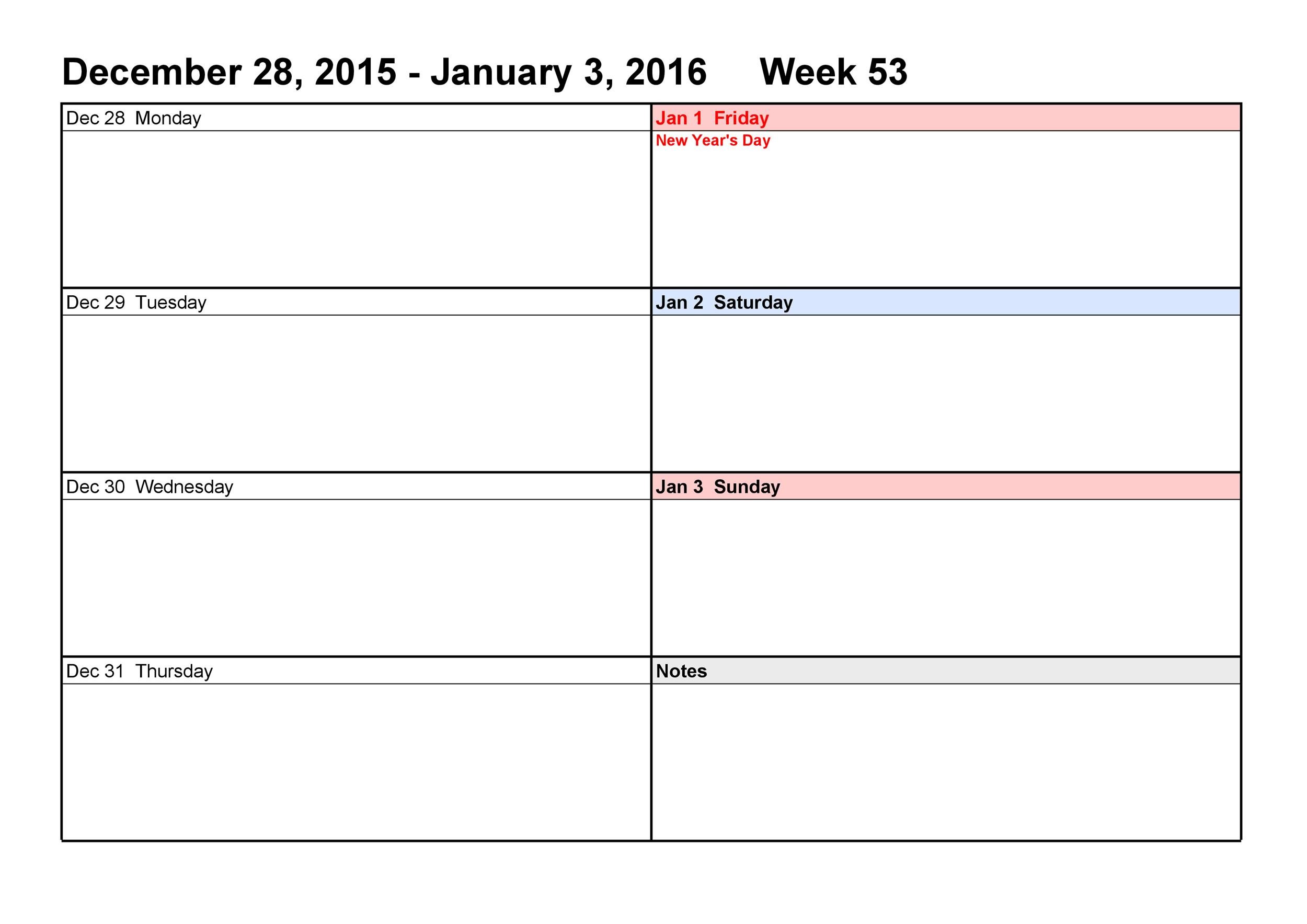 Week Calendar Template Word
