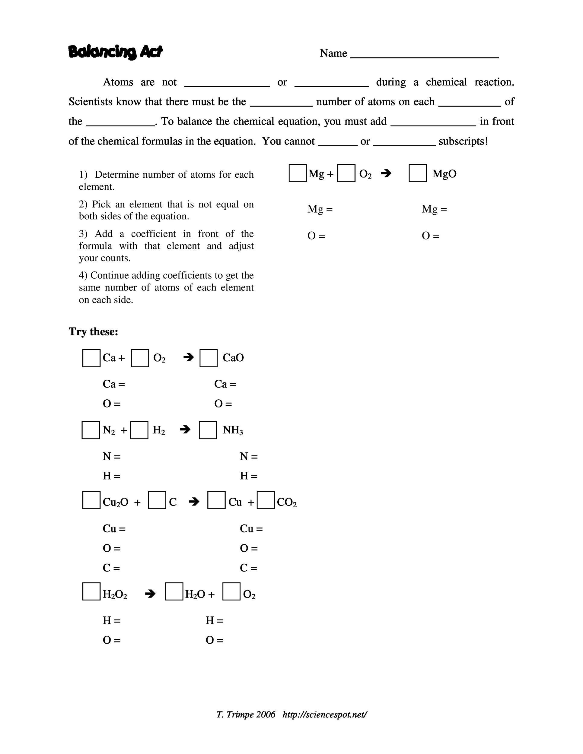 Worksheet Balancing Equations Answers