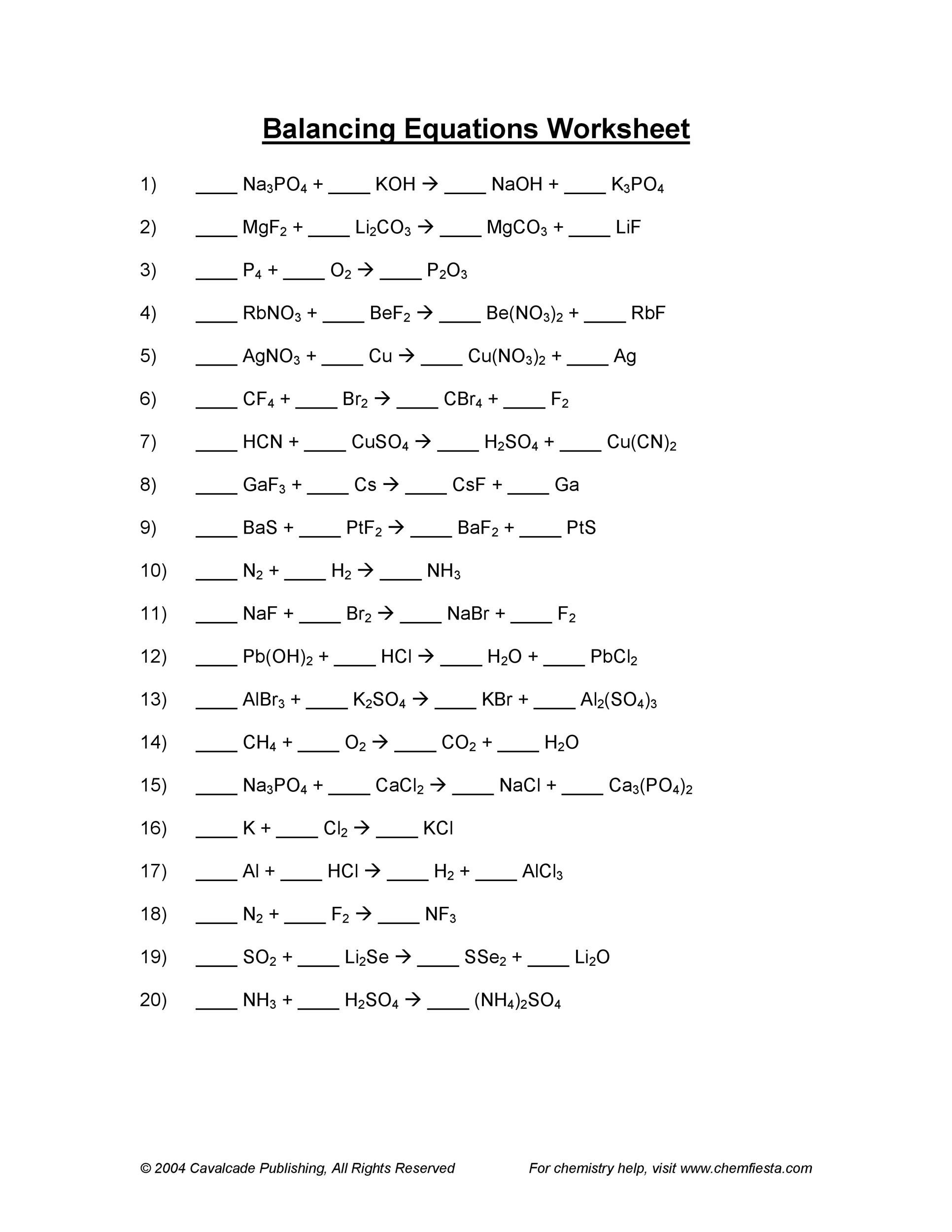 Balancing Chemical Equations Worksheets Results