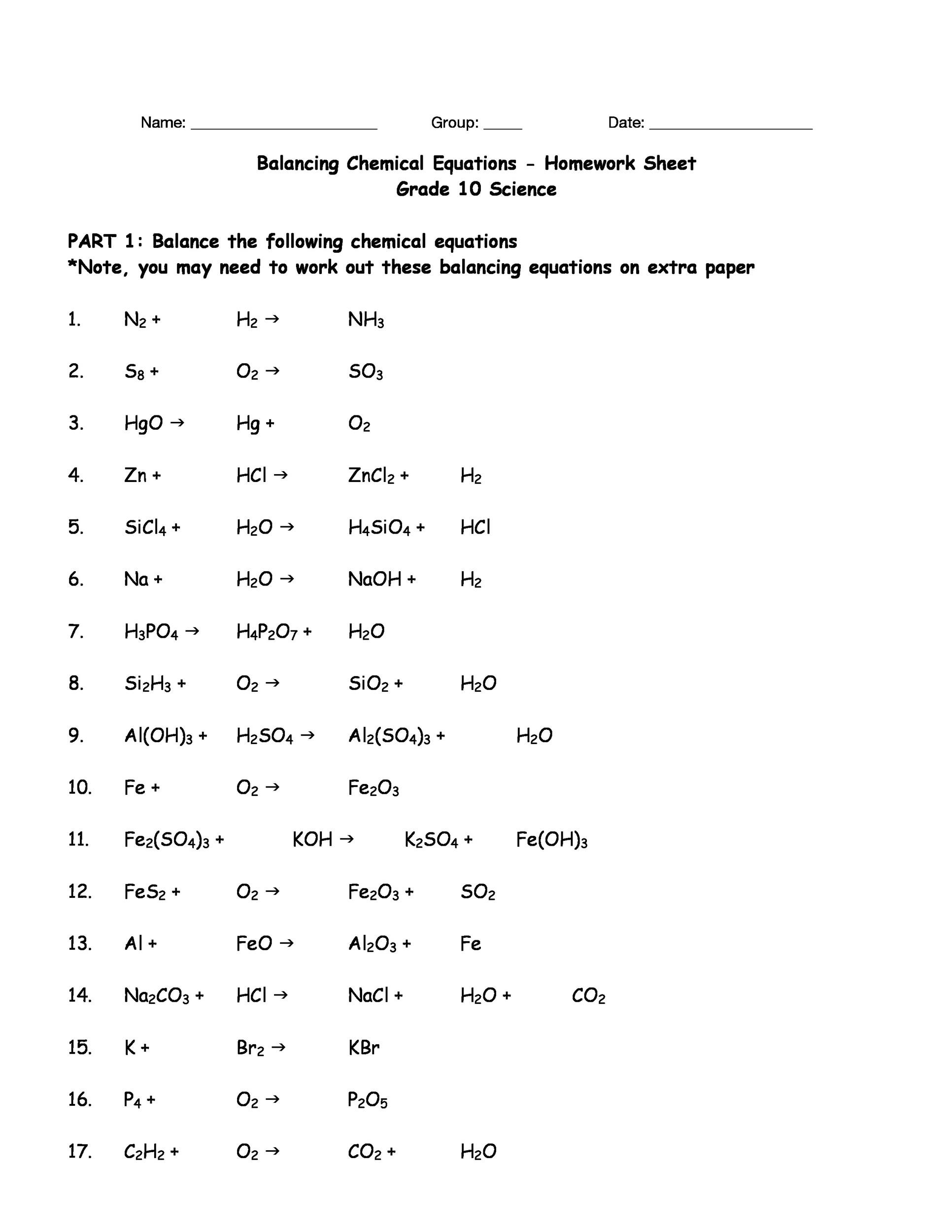 Balancing Chemical Equations Chapter 7 Worksheet 1 ...