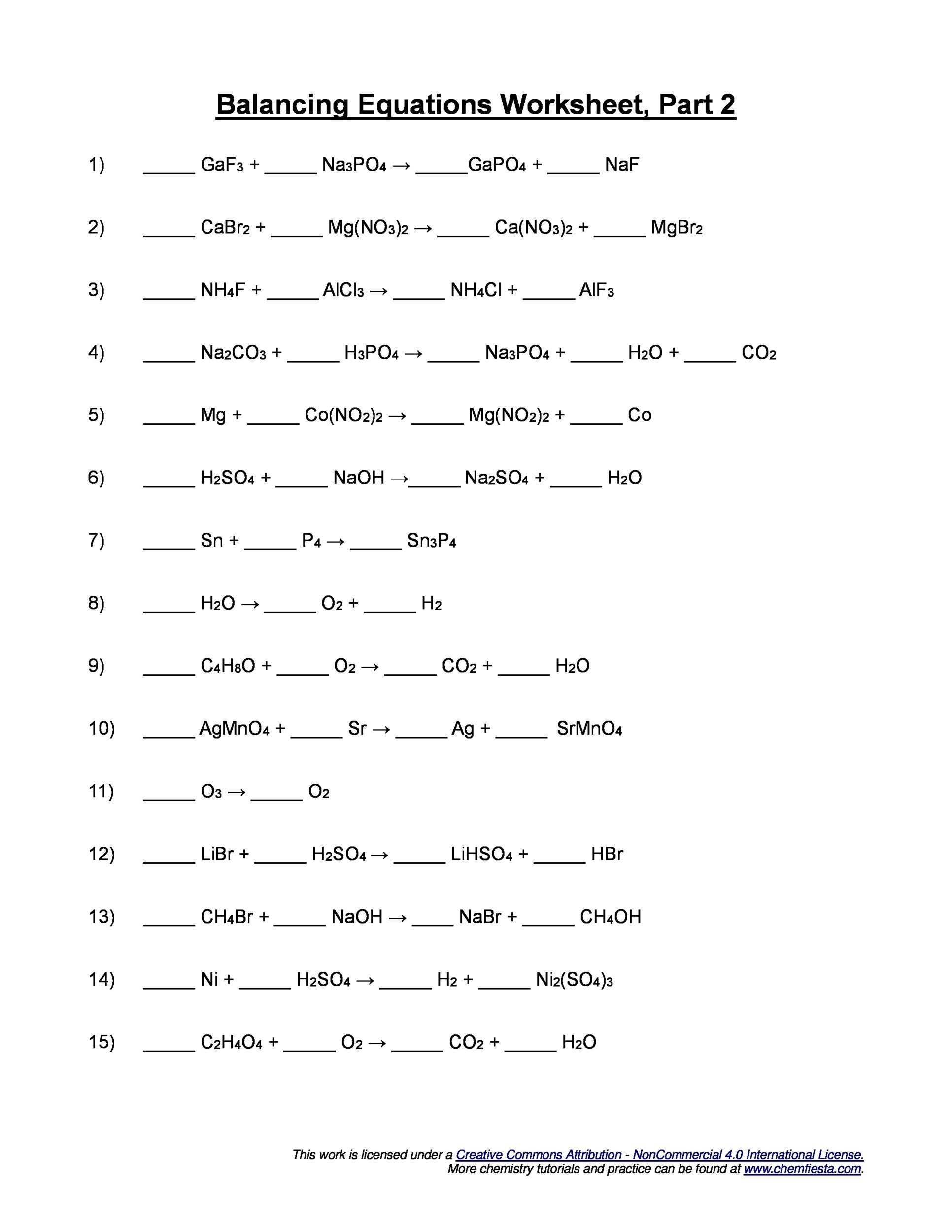 balanced and unbalanced chemical equations worksheet