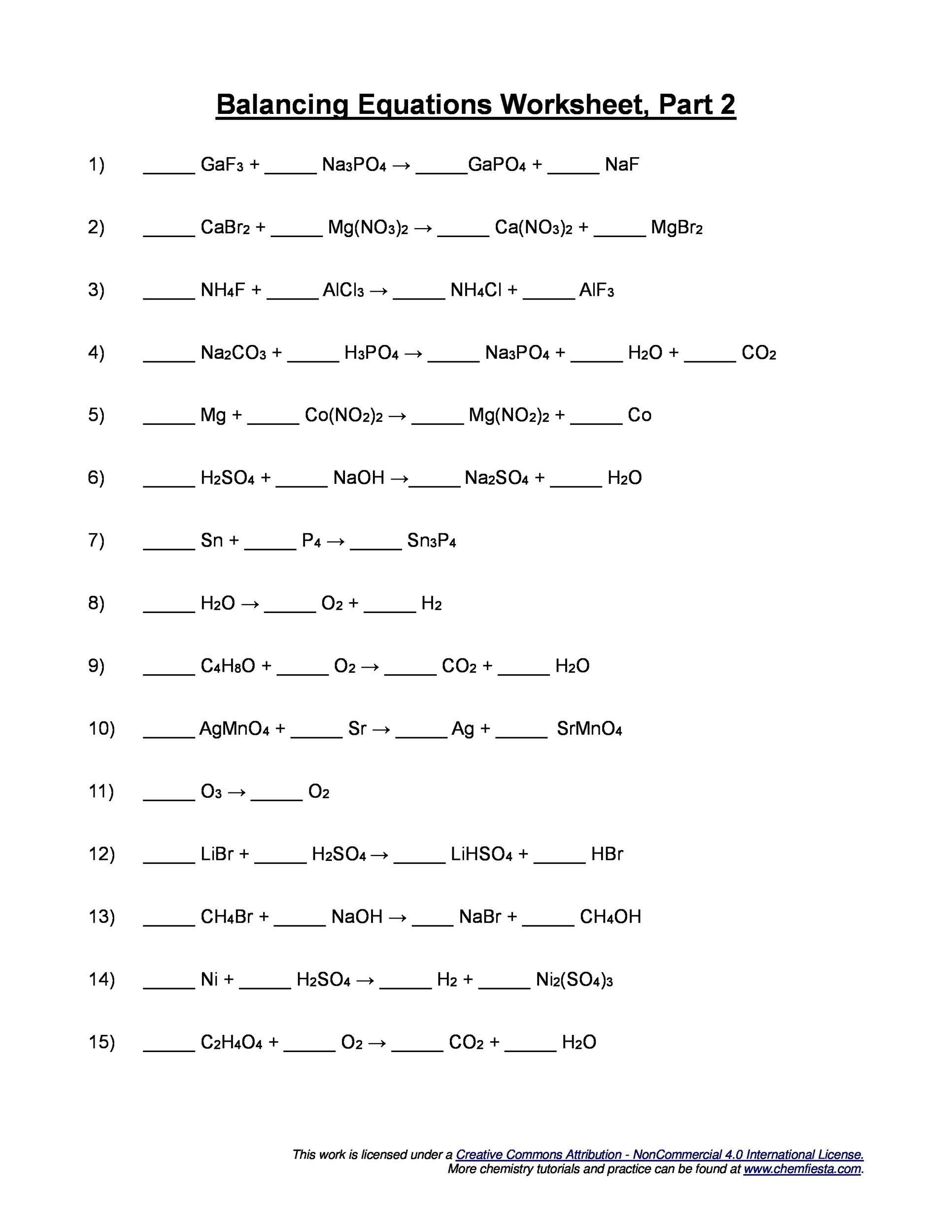 Balancing Chemical Equations Worksheet Class 10 With Answers