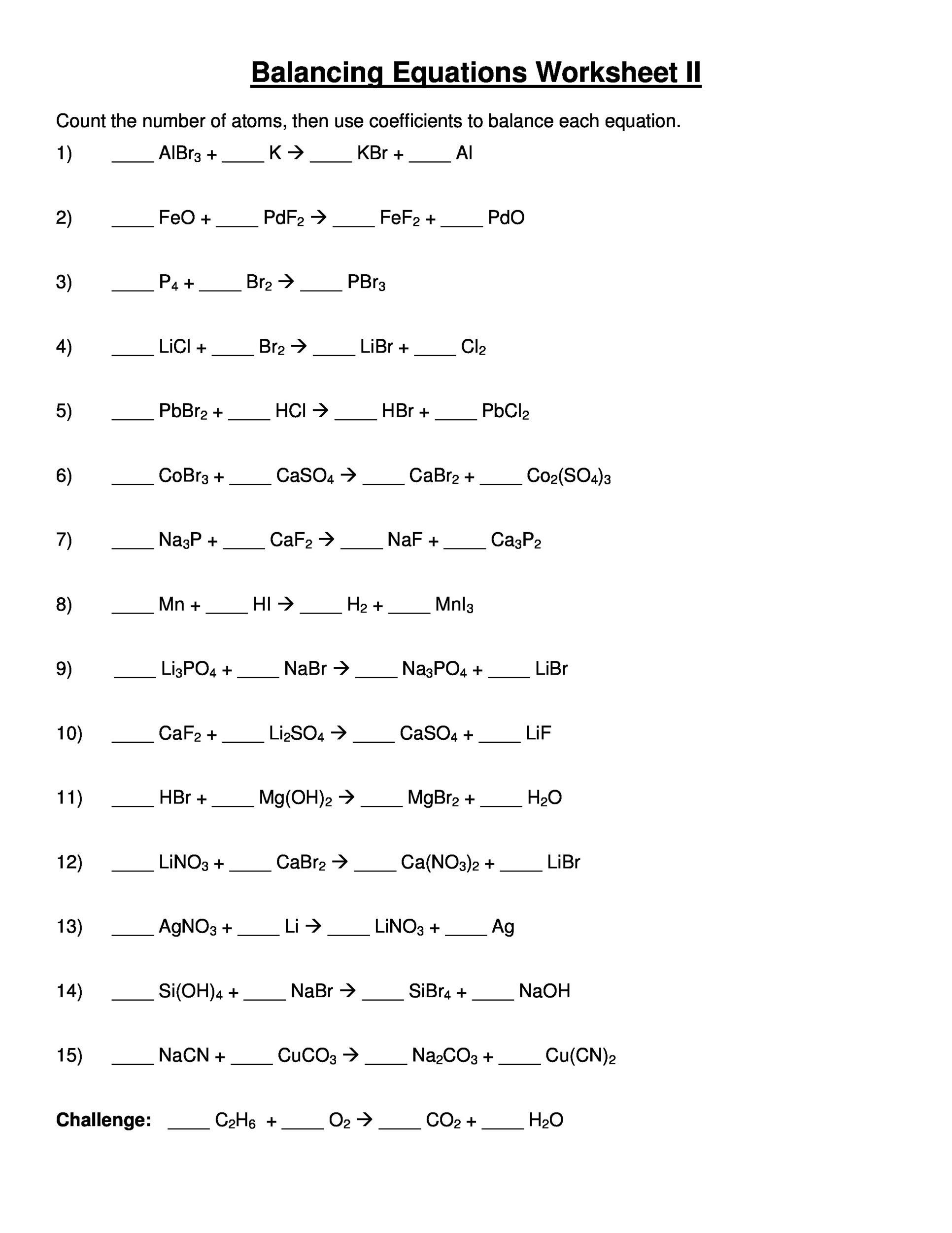 Balancing Equations Worksheet Answers