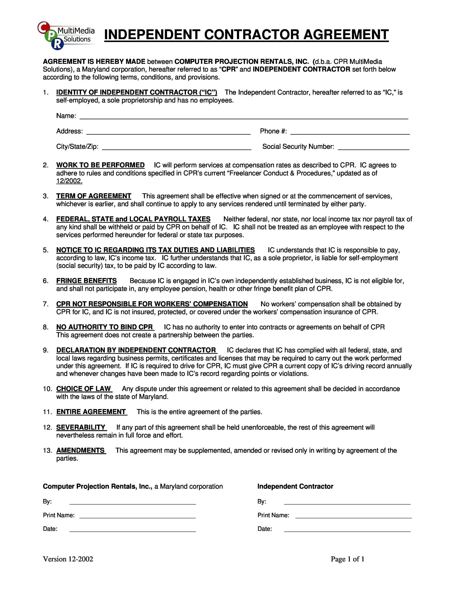 Independent Contractor Agreement Template Free Agreement Templates