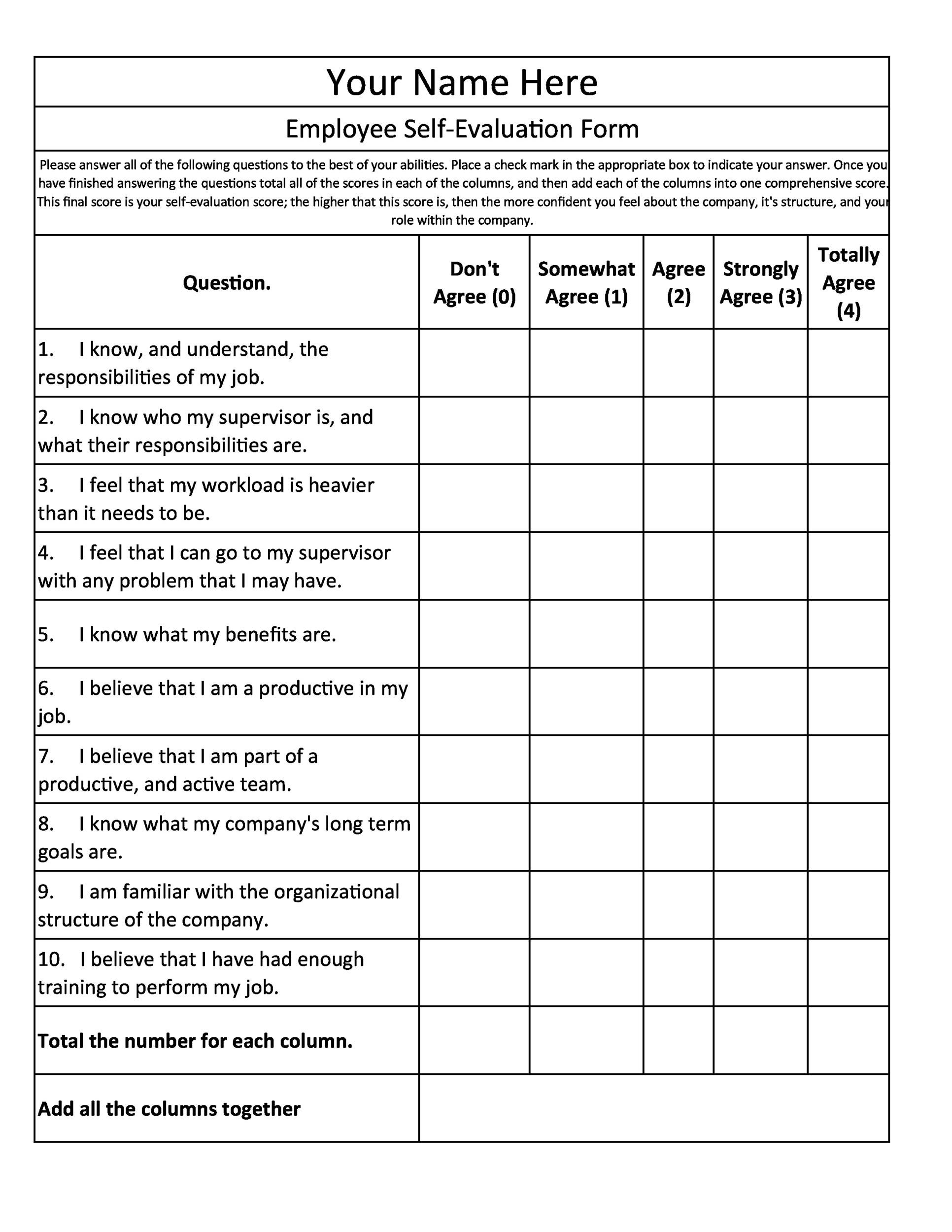 Evaluation Chart For Employees