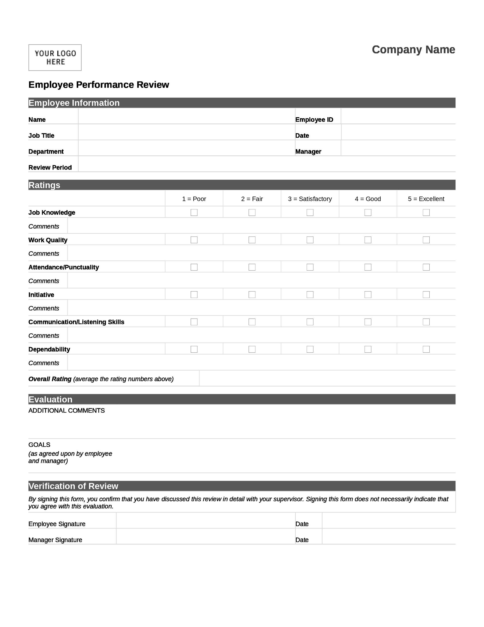 Employee Evaluation Forms Performance Review Examples