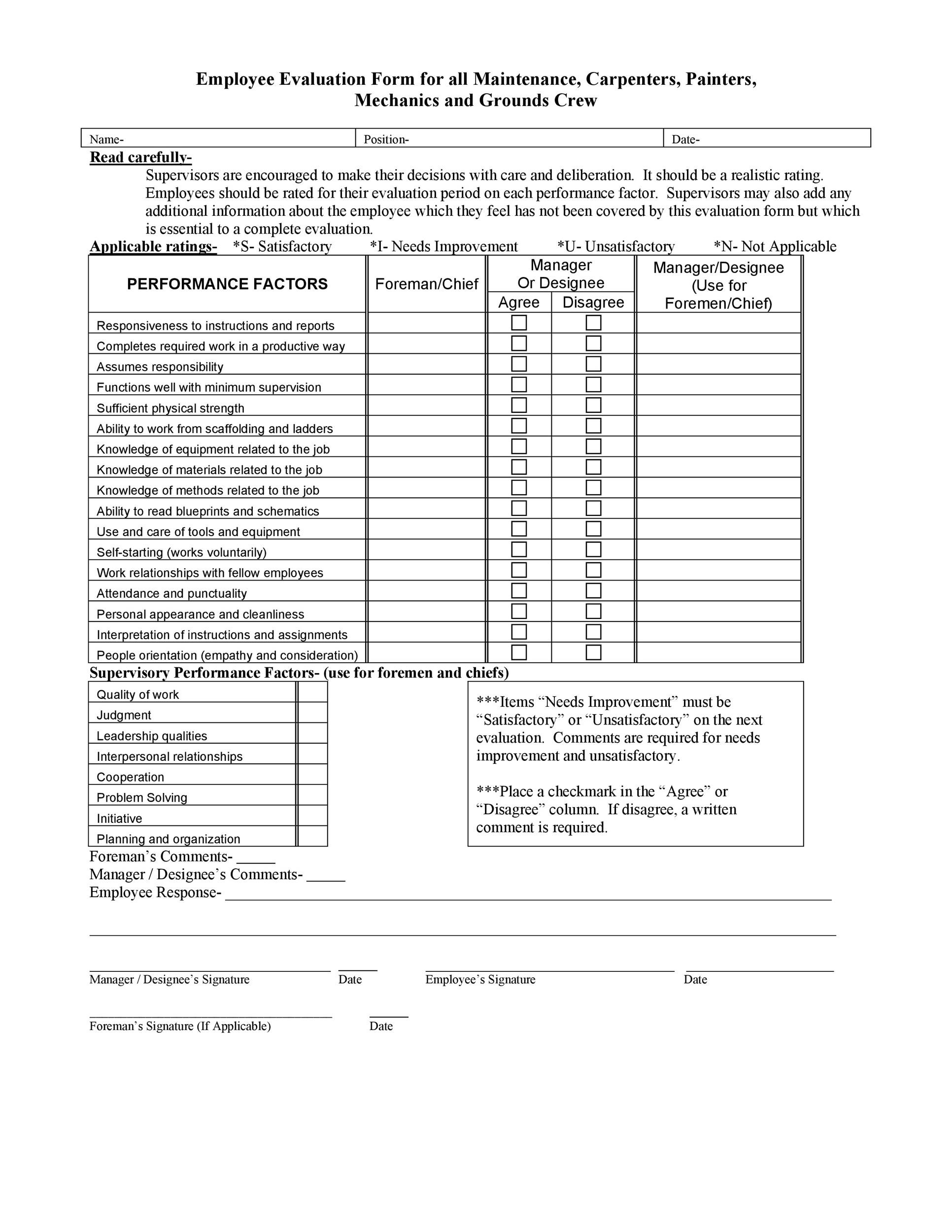 Evaluation Chart For Employees