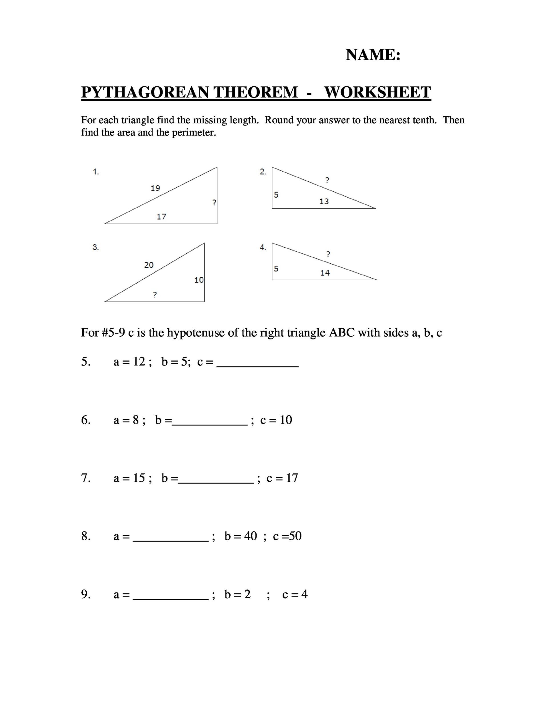 Pythagorean Theorem Examples Worksheet