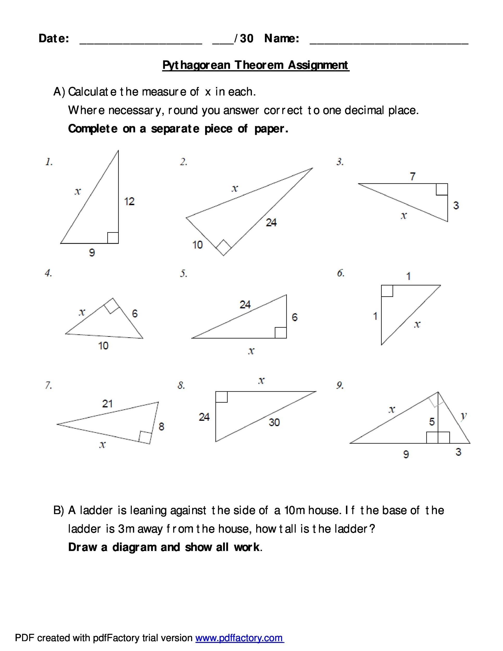 Pythagorean Theorem Worksheet Answer Key Pdf