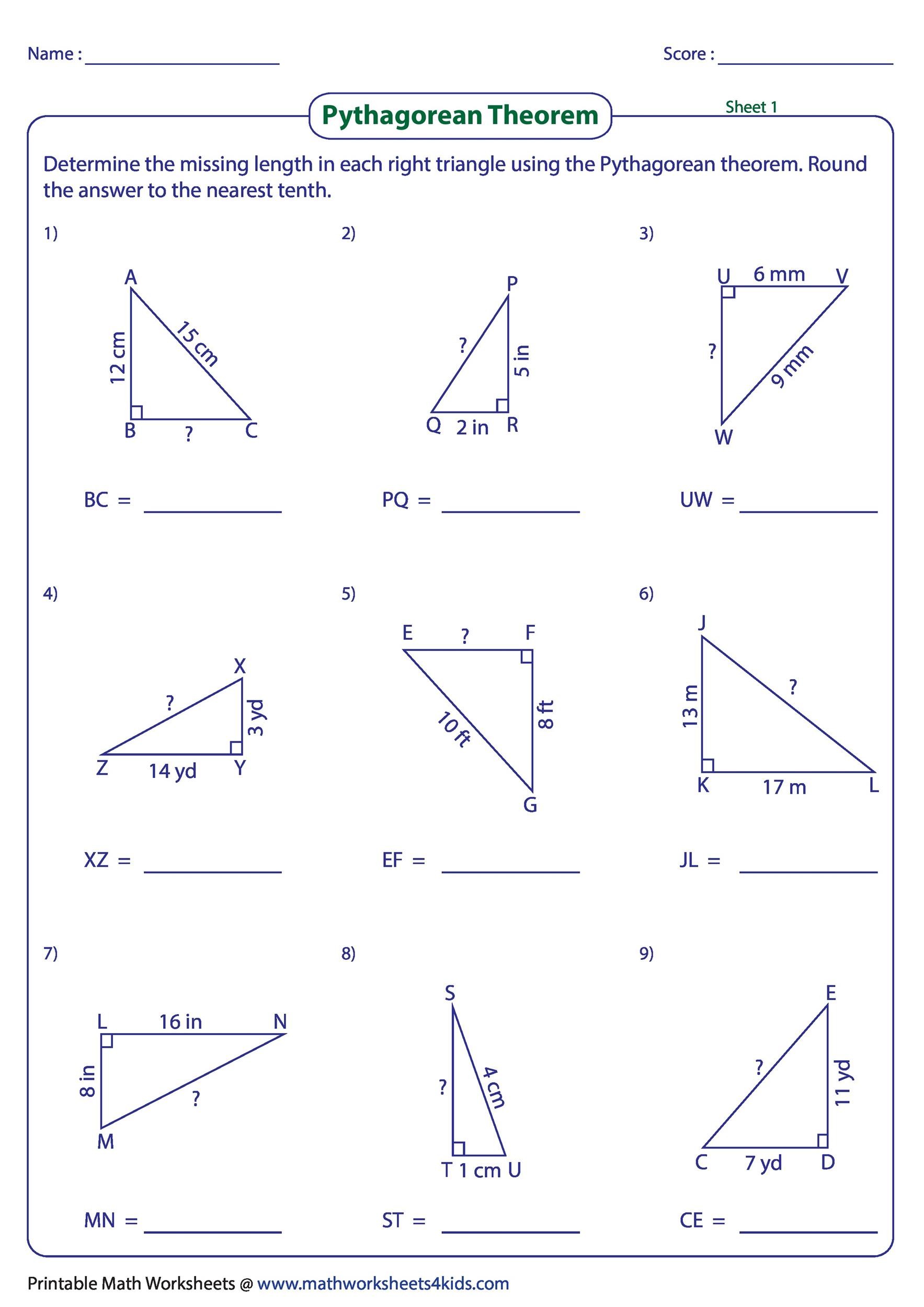 Pythagorean Theorem Examples Worksheet