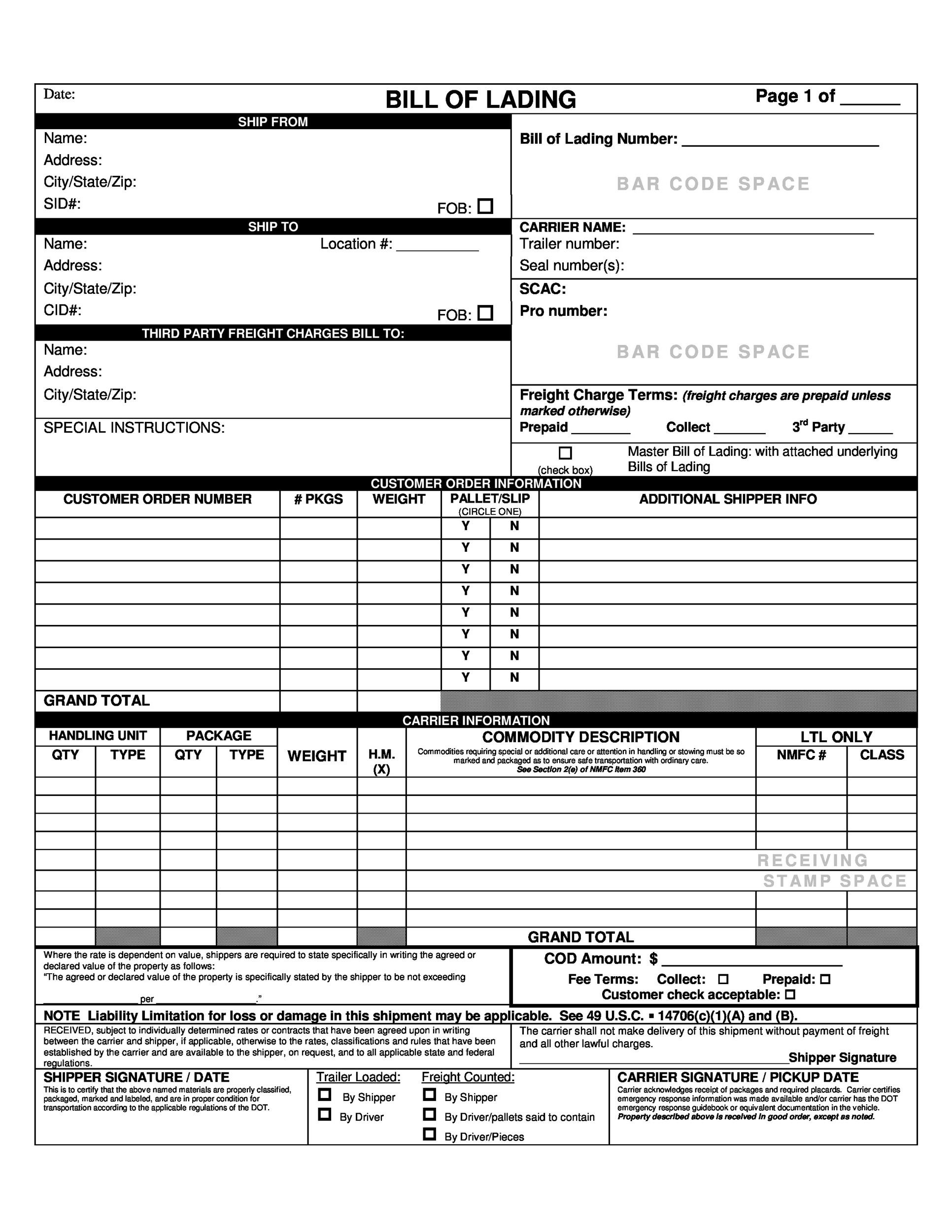 Bill Of Lading Printable Template Printable Templates