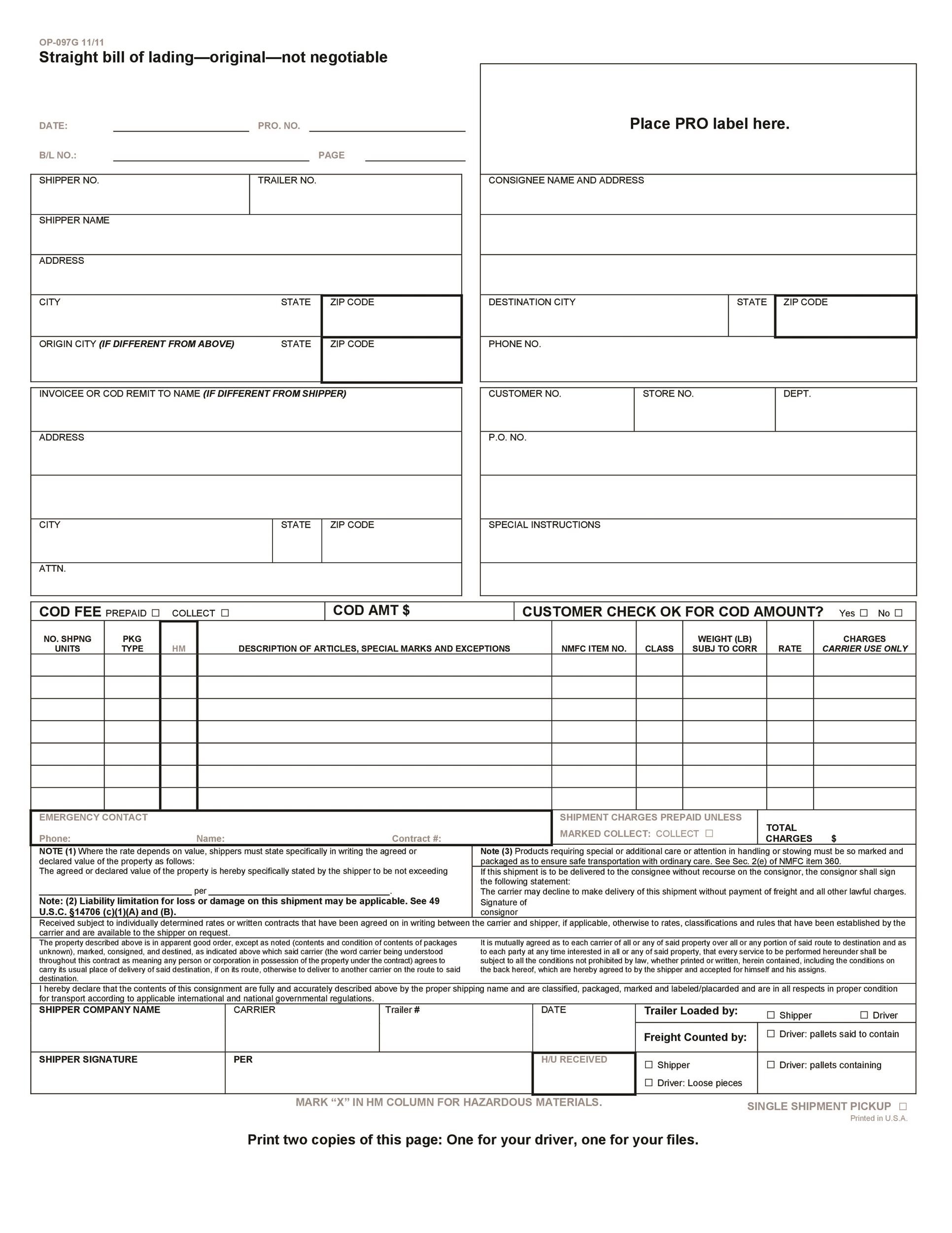 Free Printable Bill Of Lading Template