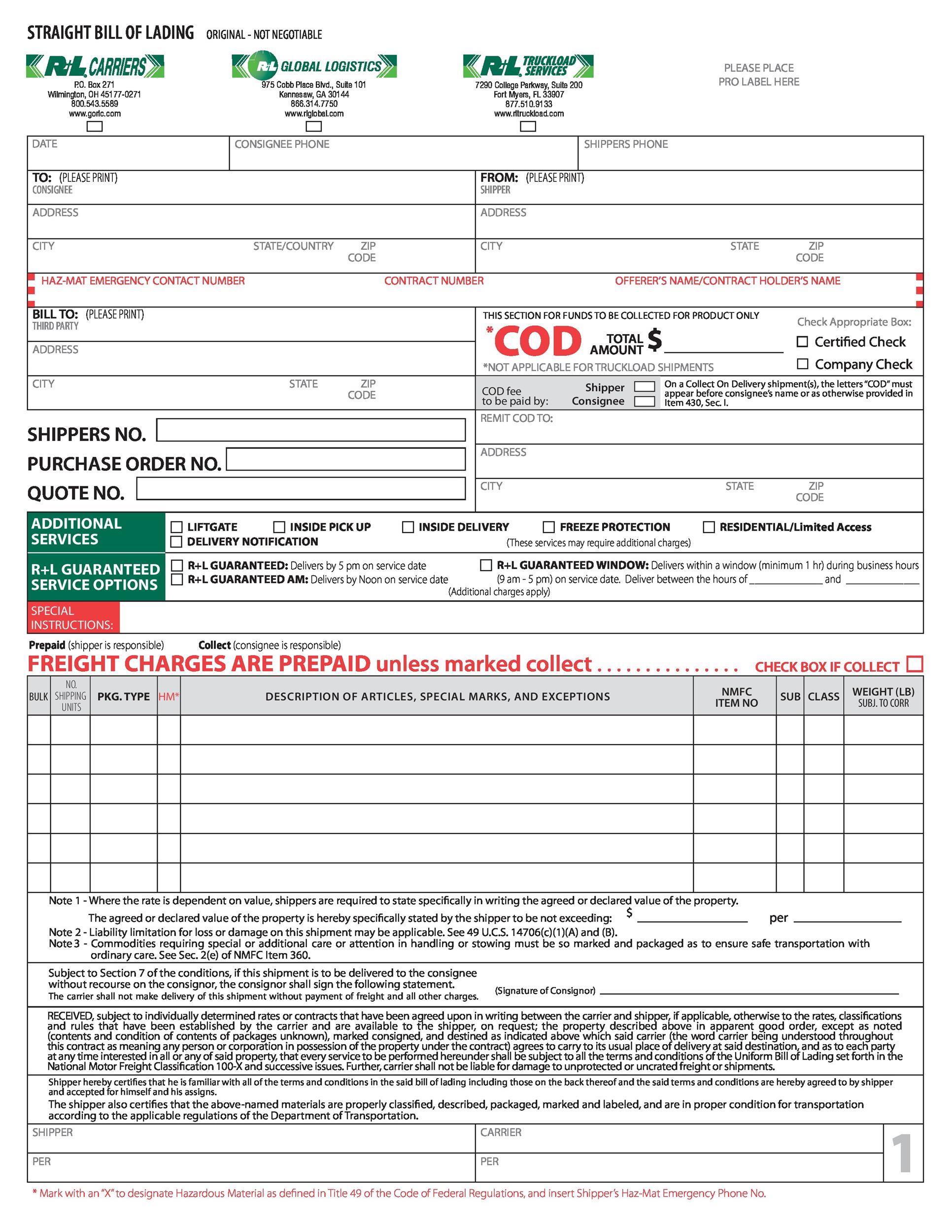 Bill Of Lading Form Printable