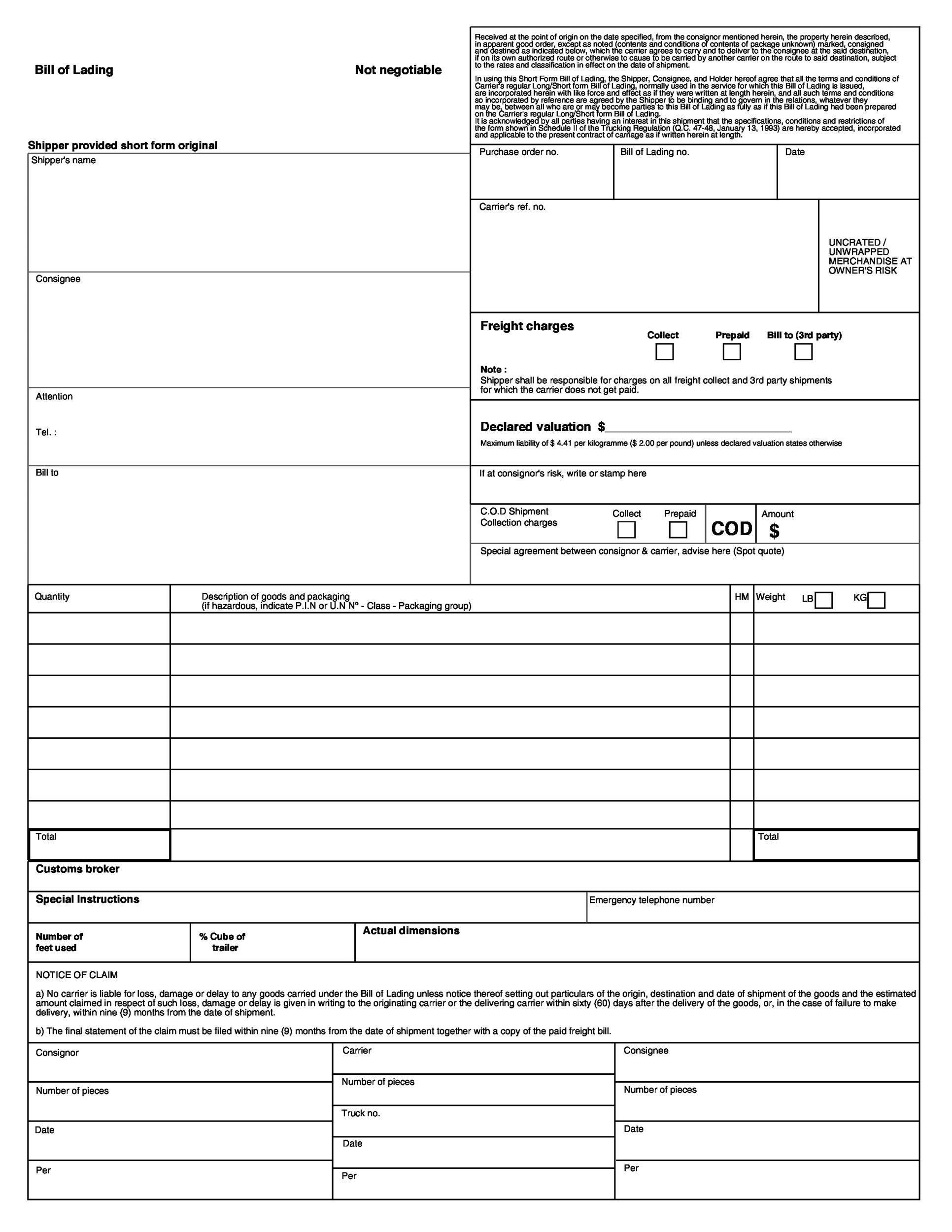 Bill Of Lading Form Printable