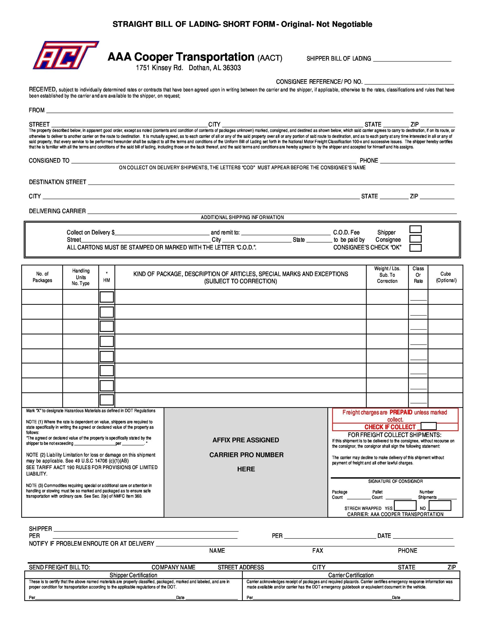 Bill Of Lading Example Form