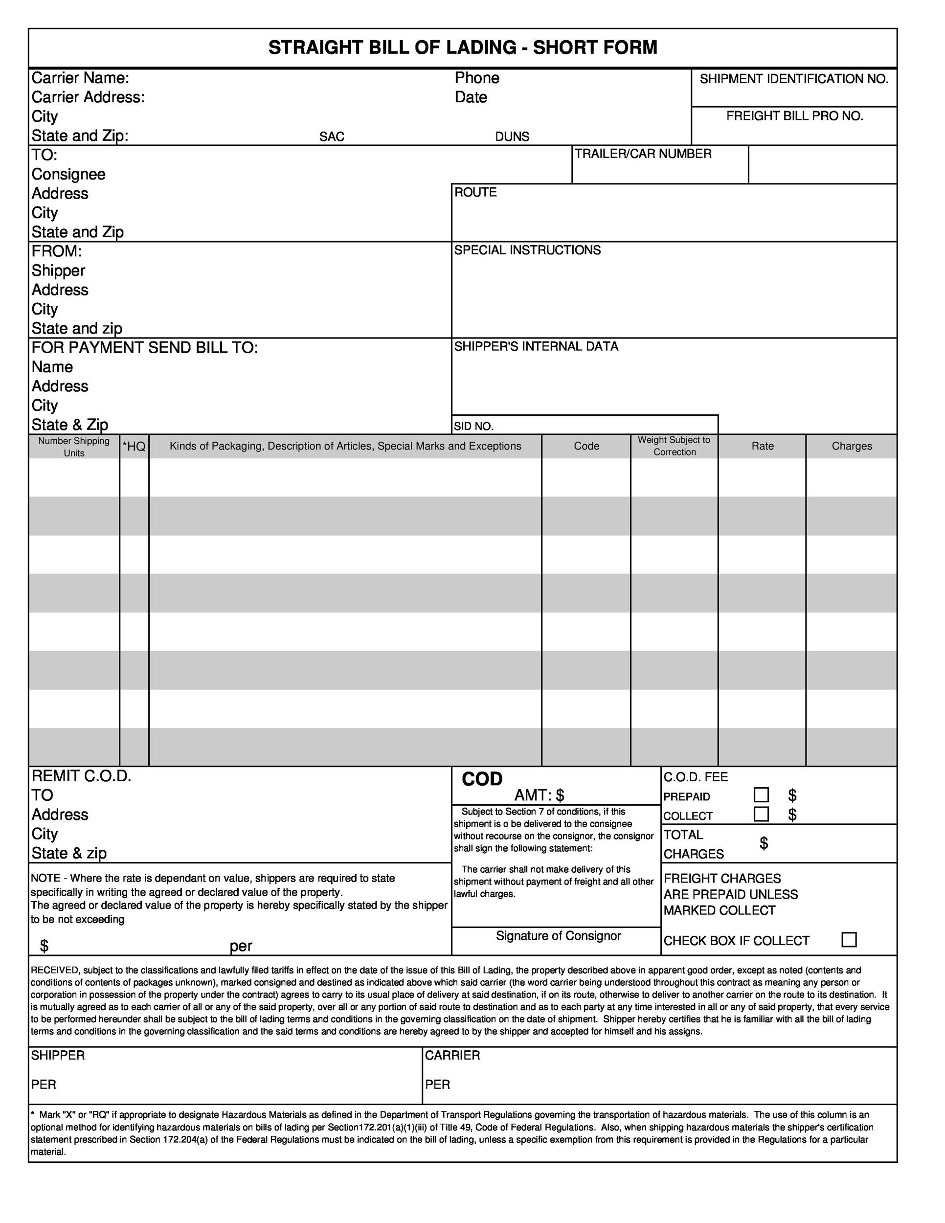 Free Bill Of Lading Template Free Printable Templates