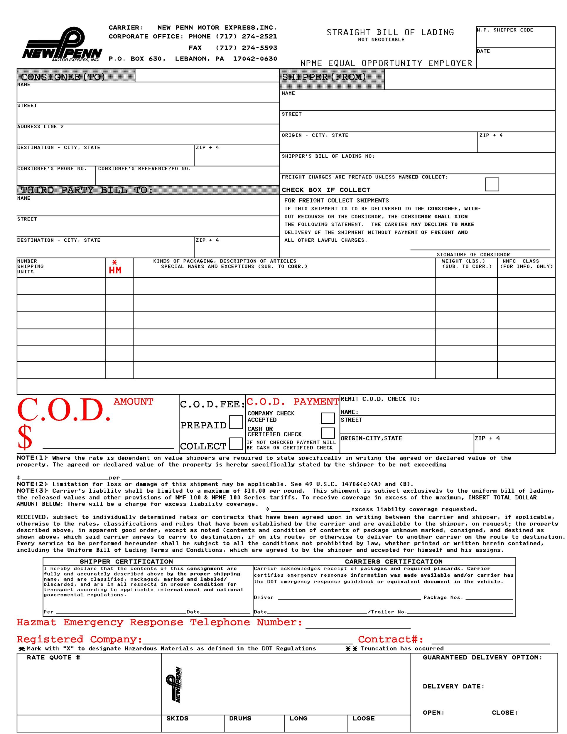 Bill Of Lading Free Template