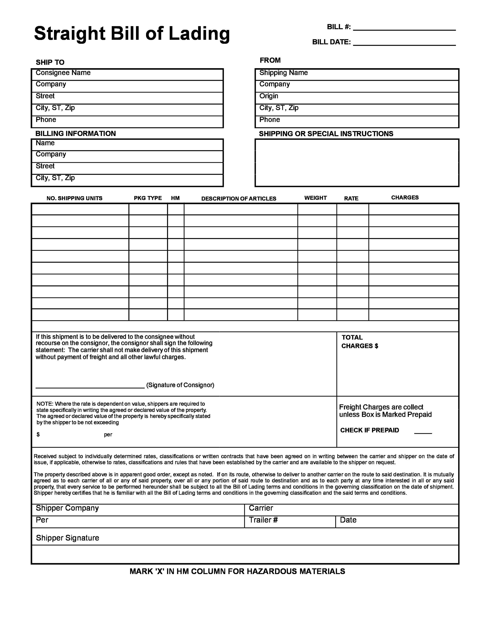 freight bill of lading form